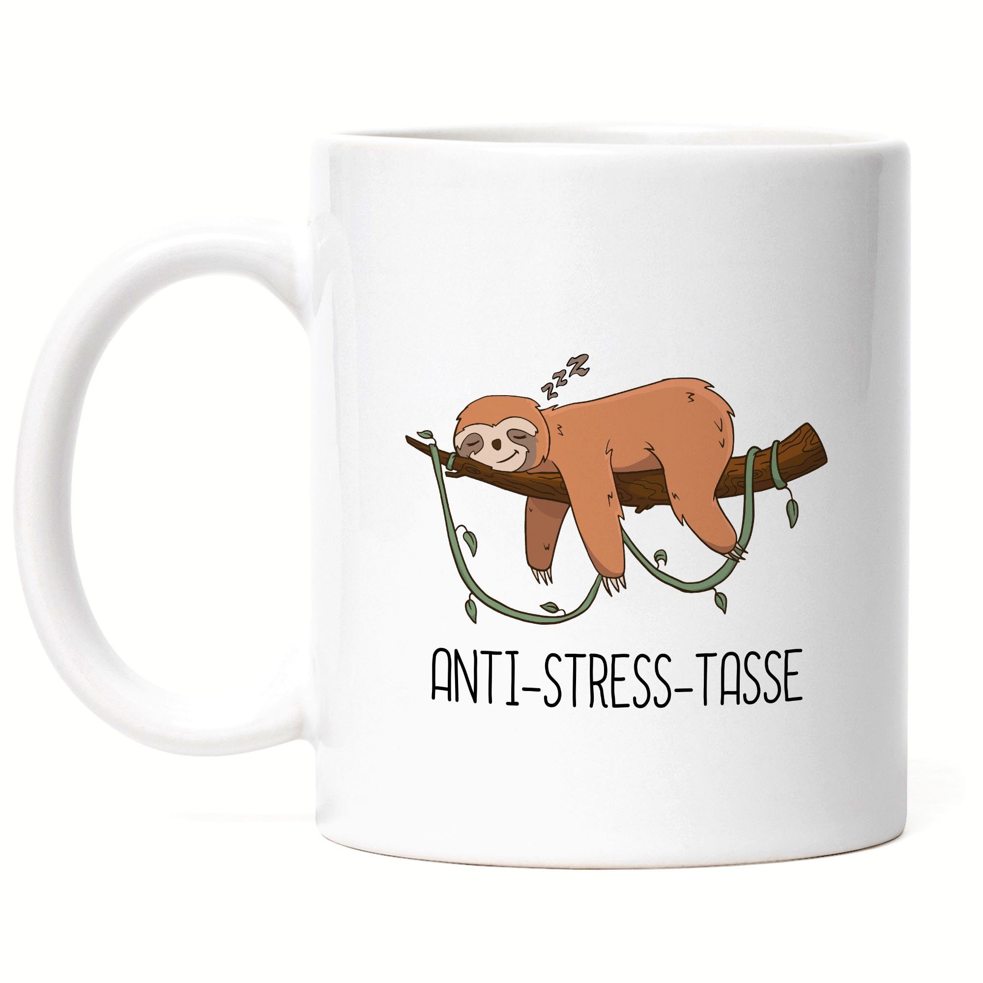 Hey!Print Tasse Anti-Stress Tasse Lustig Spruch Ironie Faultier Geschenk Bürokollegen, Keramik Weiß | Tassen
