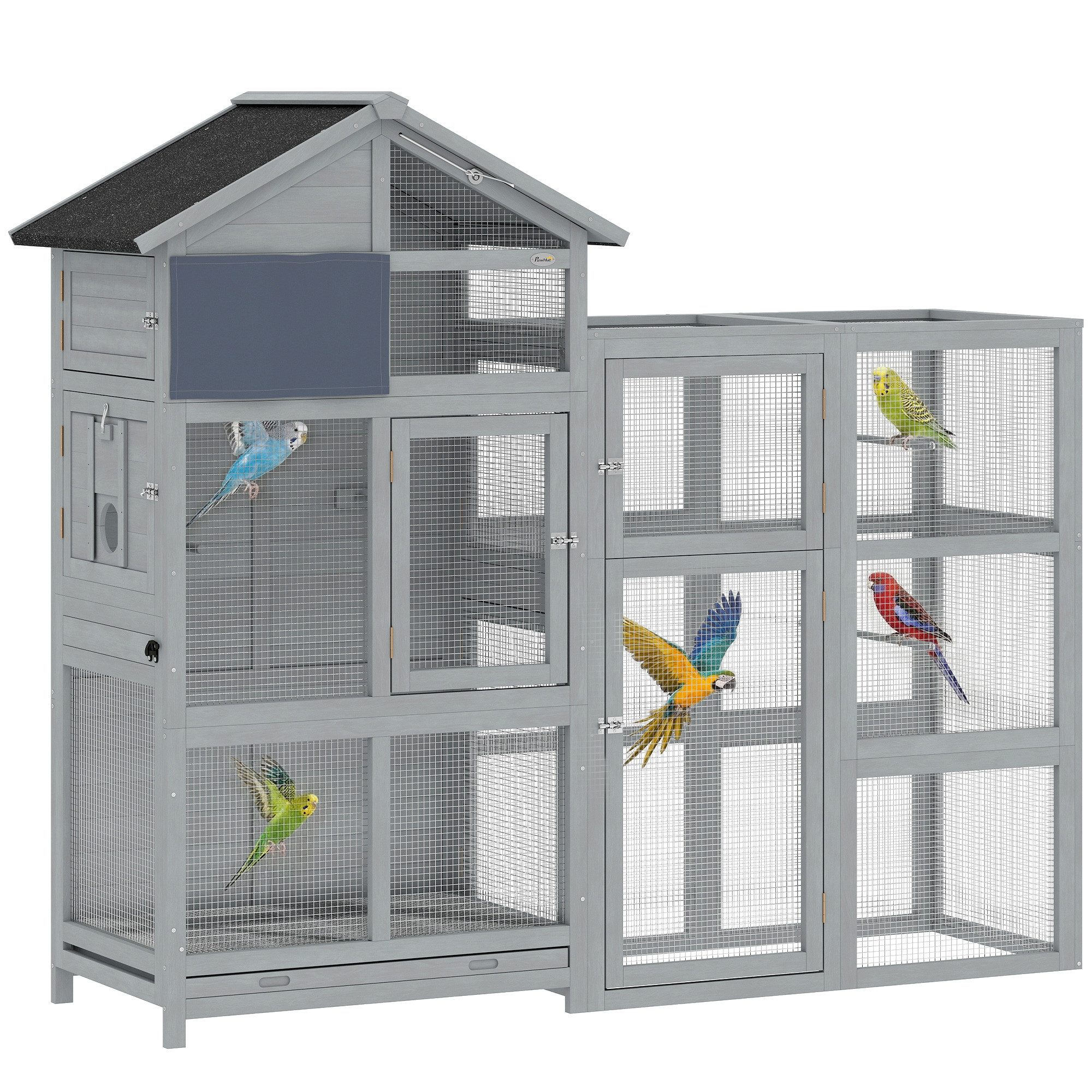 PawHut Vogelkäfig Vogelvoliere mit Erweiterung 6 Sitzstangen 7 Türen Ablagefach Näpfen, für Finken Wellensittiche Grau 196x60x164,5cm
