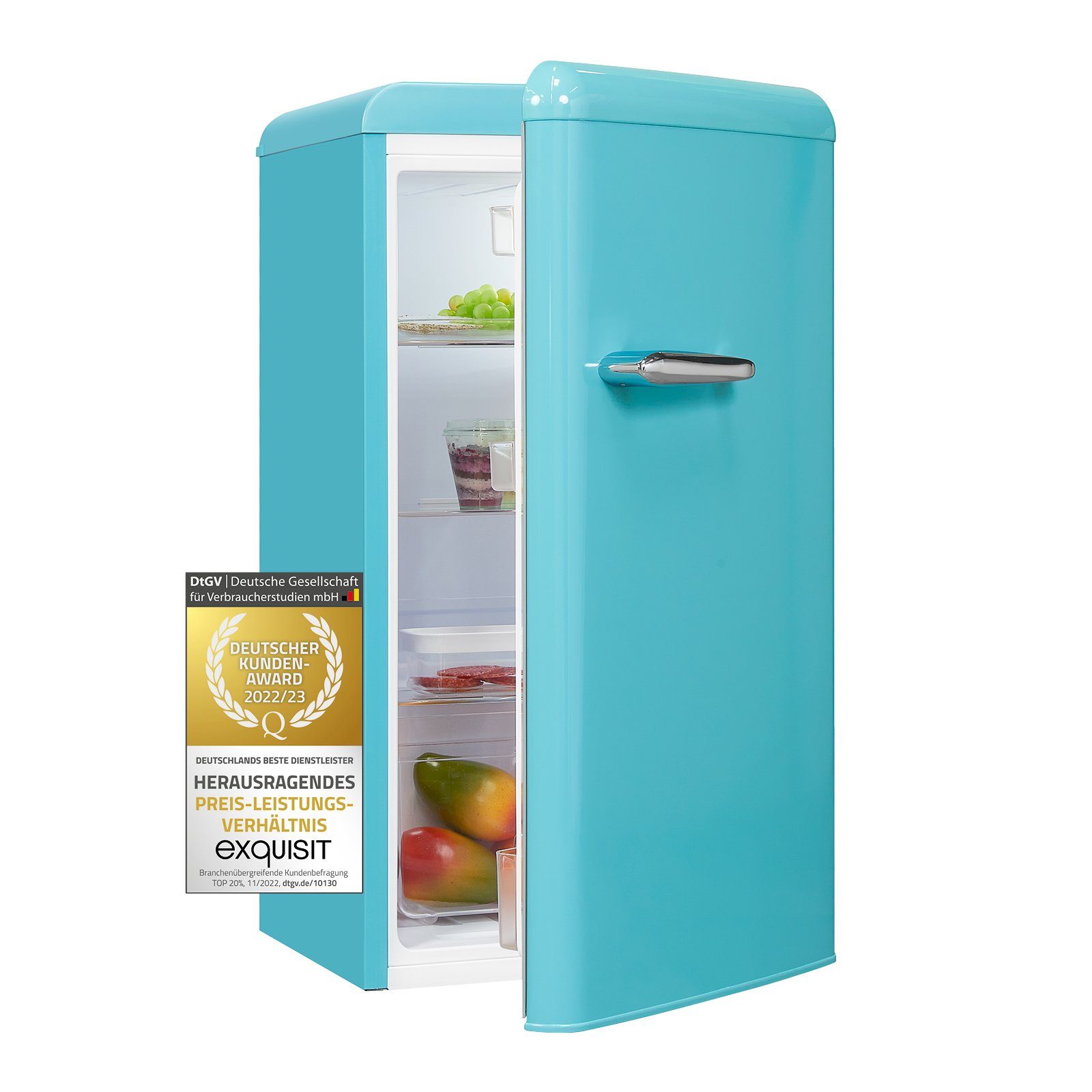 exquisit Vollraumkühlschrank RKS100-V-H-160F, 90.5 cm hoch, 48 cm breit, stylischer Retro-Kühlschrank mit 94 Liter Kühlfachvolumen taubenblau