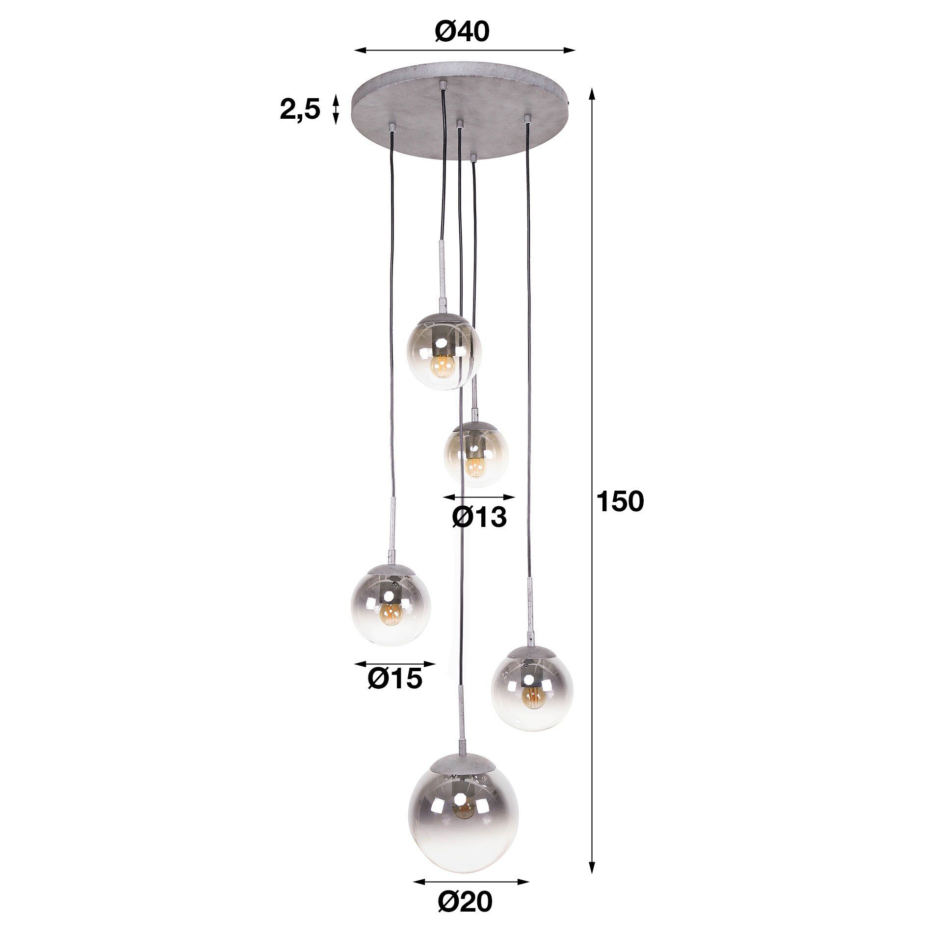 hofstein Pendelleuchte »Castegnato« Hängelampe aus Metall/Glas in Altsilber/Rauchfarben, ohne Leuchtmittel, Pendellampe mit Schirmen aus Echtglas, Höhe max. 150cm, 5xE27