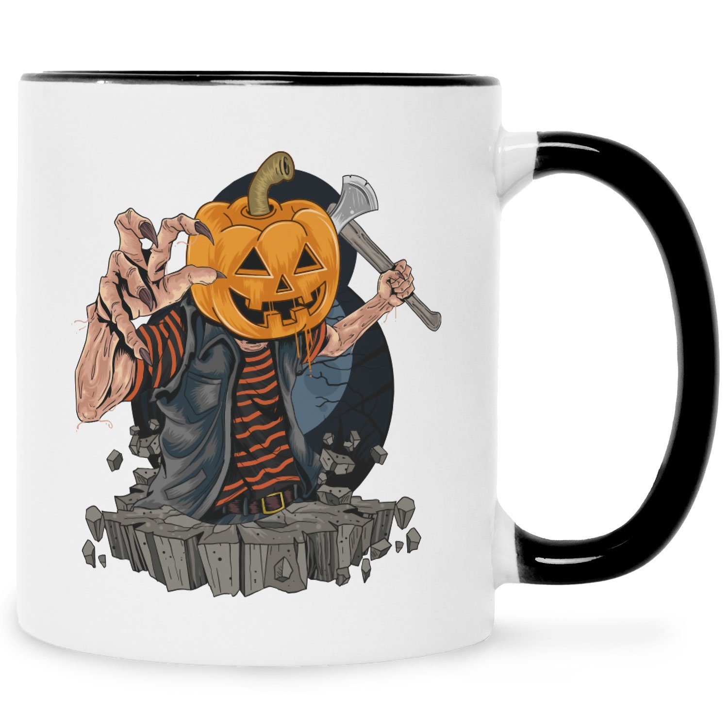 GRAVURZEILE Tasse mit Motiv - Kürbis Zombie Design - Schaurige Geschenke zu Halloween Schwarz Weiß