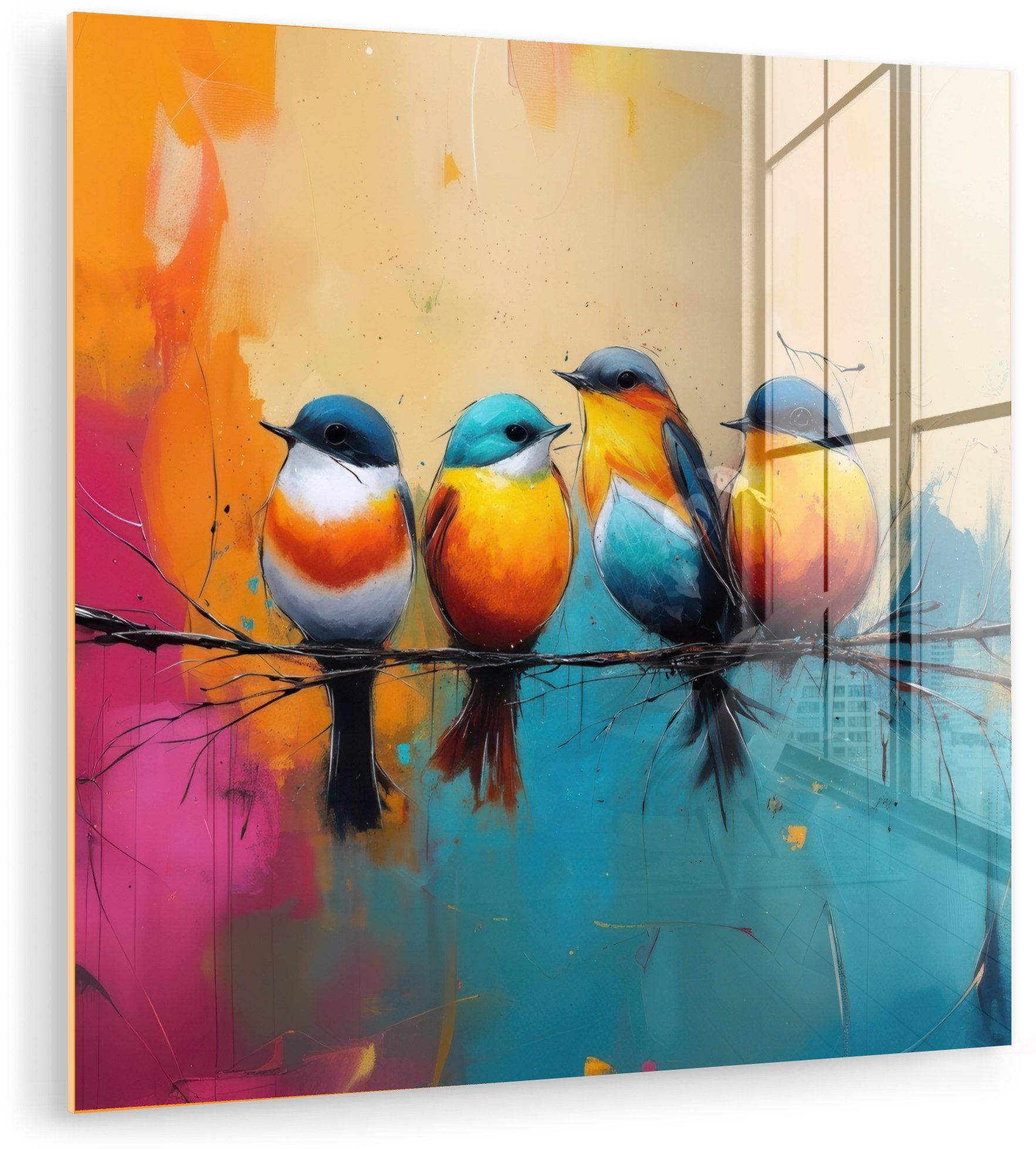 MuchoWow Acrylglasbild Vögel - Bunt - Zweig - Abstrakt, Inkl. Aufhängung, Bild auf glas Wohnzimmer Schlafzimmer Badezimmer, 50x50 cm
