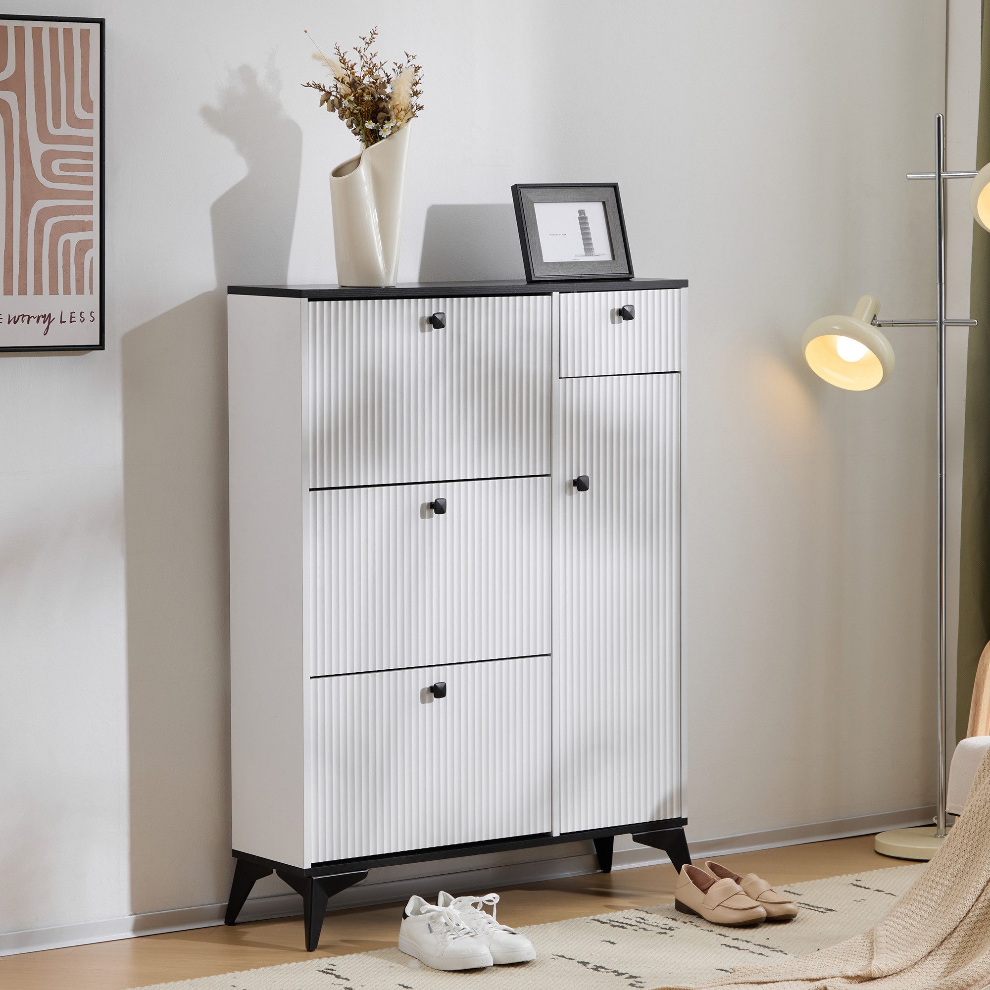Furnishings Home Schuhschrank Schuhschrank mit 3 Klappen, 1 Schublade und 1 Tür, Schuhregal (1-St) Weiß /Schwarz Maße: H 121 cm / B 90 cm / T 25 cm