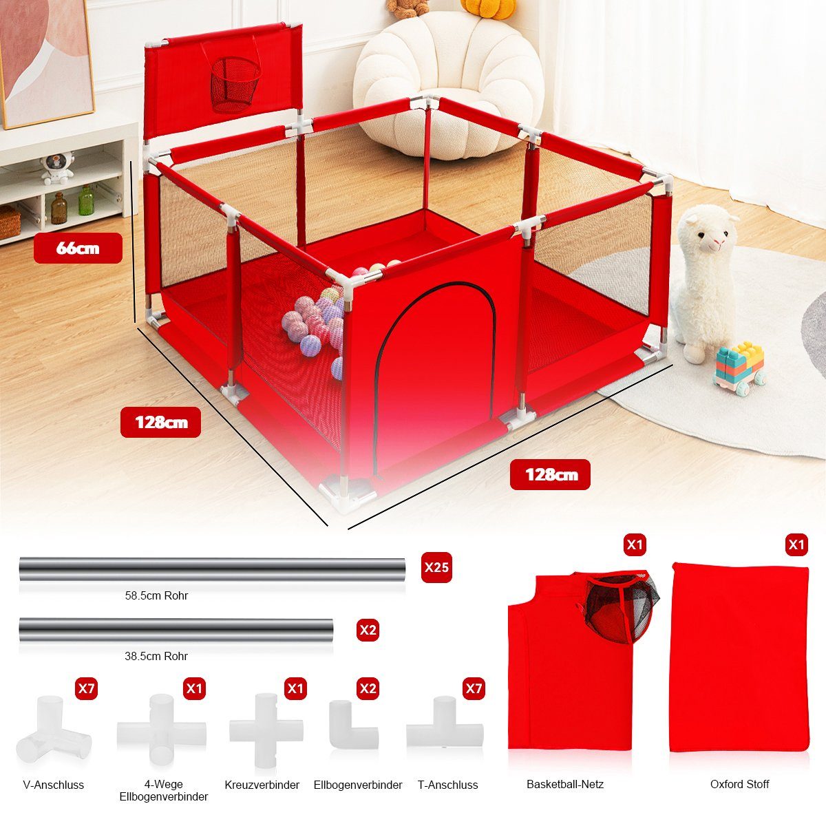 Comomy Laufgitter (Baby Krabbelgitter, 1-tlg), mit Basketball-Netz 128x66cm