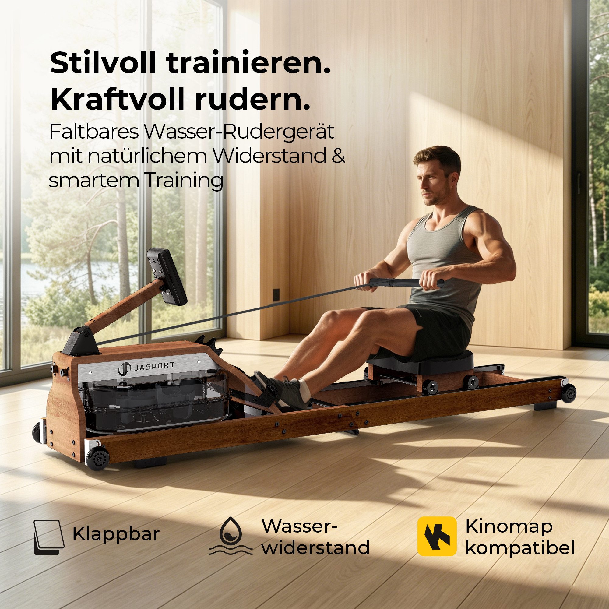 JASPORT Rudergerät M1 Wasserwiderstand aus Holz, klappbar, LCD, für Zuhause, bis 150 kg (Mit Smartphone-/Tablet-Halterung und Transportrollen), FSC-Holz, 20-l-W – Bild 2 von 5