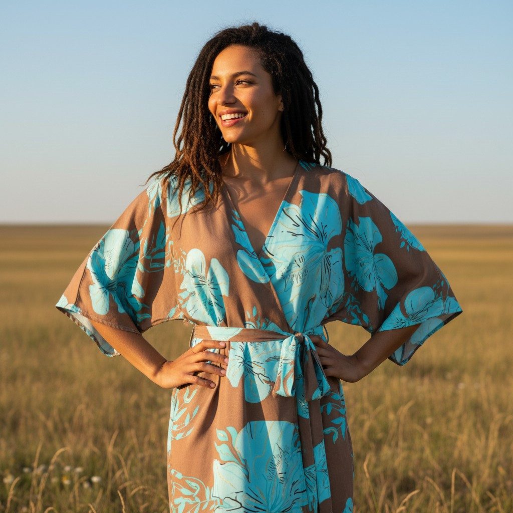 Guru-Shop Kimono Kimonokleid, seidig glänzender Boho Kimono mit.., alternative Bekleidung
