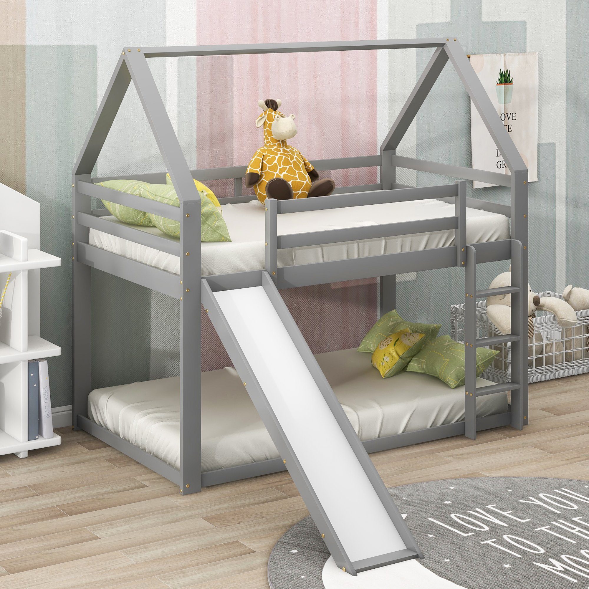 Etagenbett (inklusive Lattenrost, Rutsche, Leiter und Fallschutz), Hausbett Kinderbett mit 2 Schlafgelegenheiten, 90x200cm, Kiefer