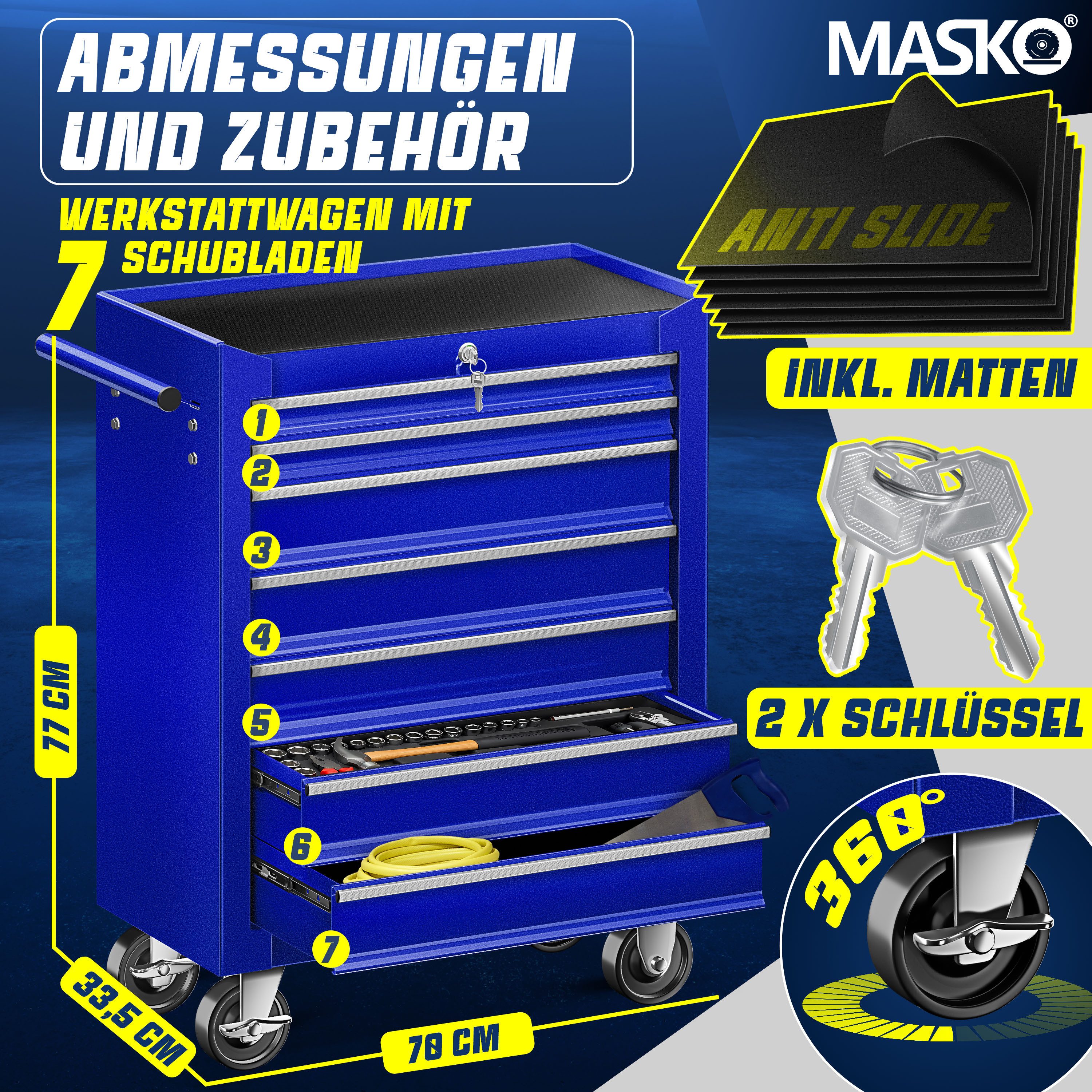 MASKO Werkstattwagen, 7 Fächer Blau, Werkzeugwagen Rollwagen Werkzeugkiste günstig online kaufen