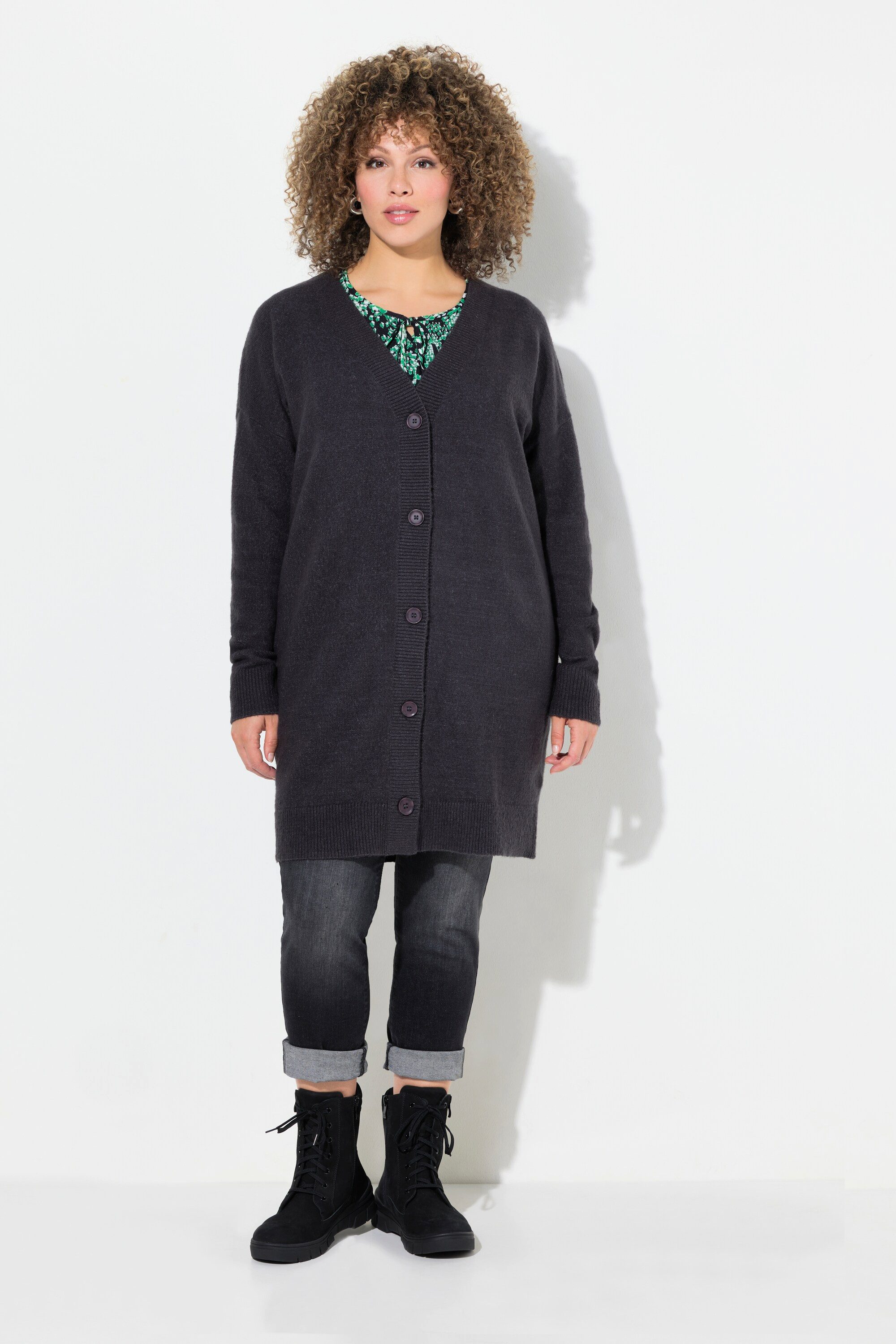 Ulla Popken Strickjacke Strickjacke Boxy-Schnitt V-Ausschnitt günstig online kaufen