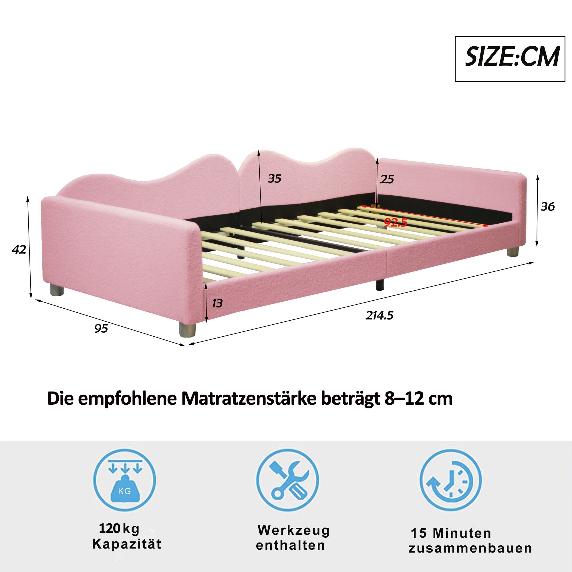 Flieks Polsterbett, Teddy-Samt Kinderbett Einzelbett Schlafsofa mit Lattenrost 90x200cm
