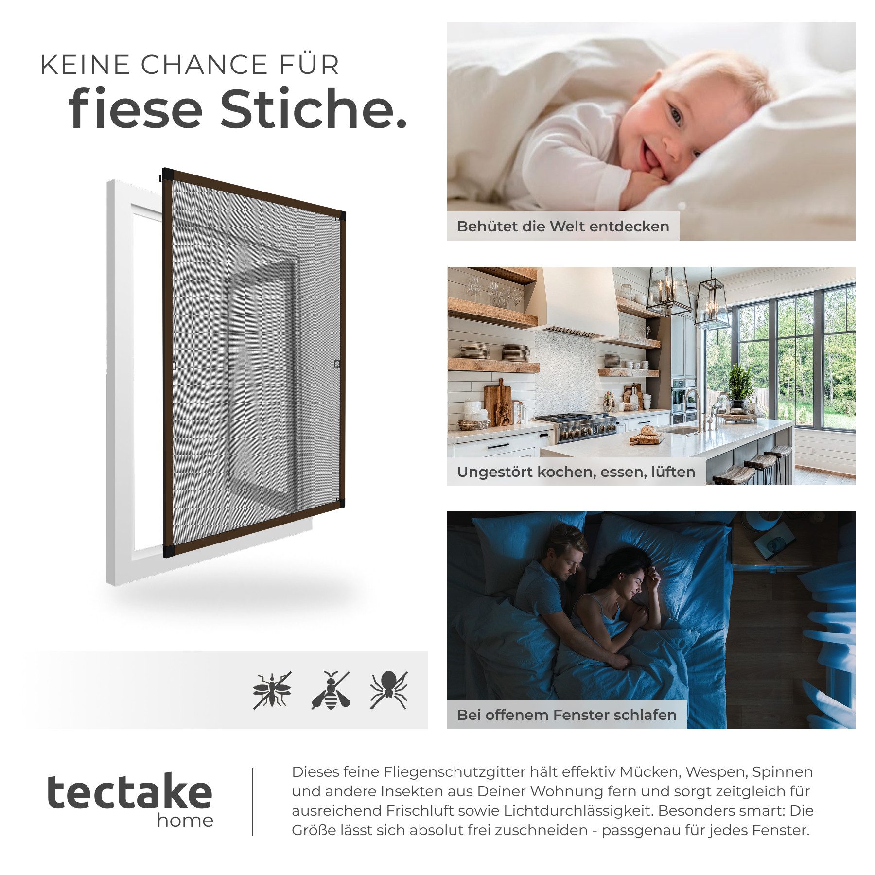 tectake Insektenschutz-Fensterrahmen Insektenschutzgitter für Fenster 100x120 cm zuschneidbar wetterfest, (Insektenschutz Fenster, in Braun), lichtdurchlässig,  – Bild 5 von 5