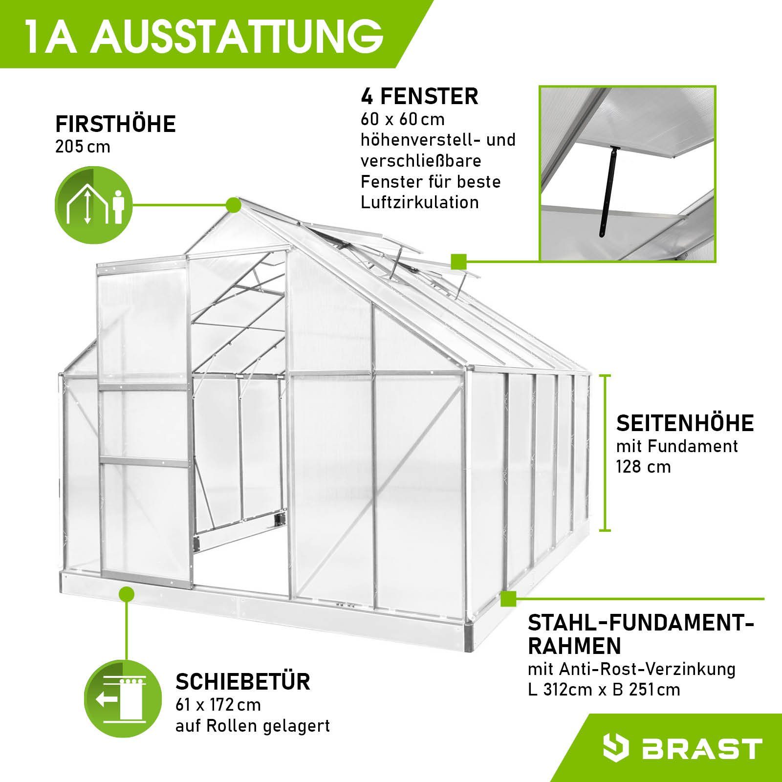 BRAST Gewächshaus ALU mit Fundament rostfrei 310x250x205cm TÜV geprüft, BxTxH: 250 x 310 x 205 cm, wetterfestes hochwertiges Aluminium, Temperaturbeständig, Wärmedämmend, Lichtbrechend & UV-stabilisiert