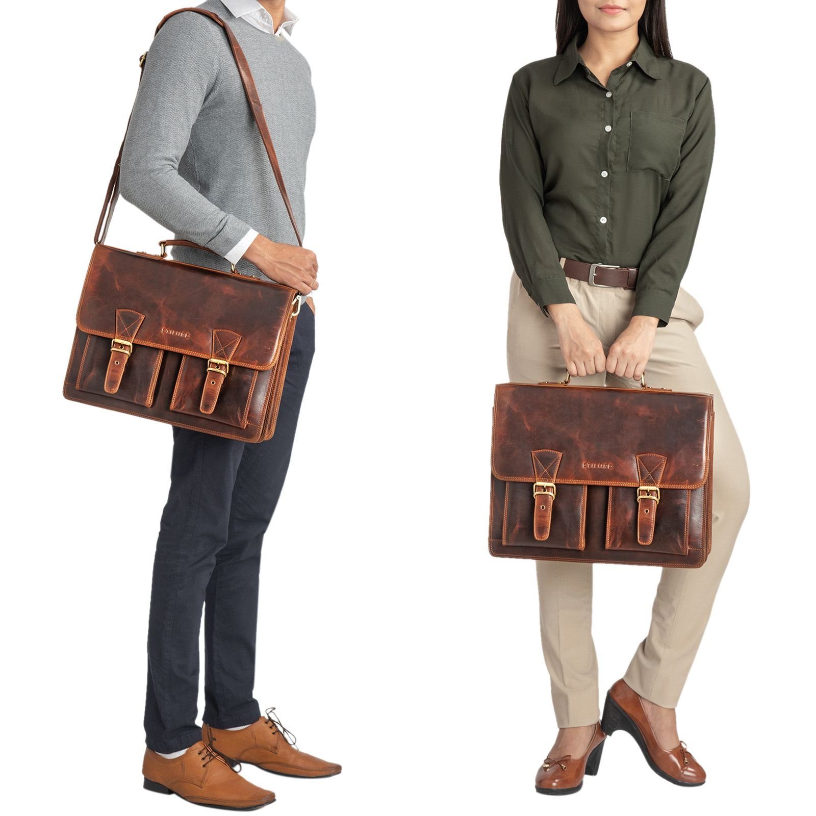 Aktentasche kara cognac STILORD "Jeffrey" Leder Lehrertasche Aktentasche -