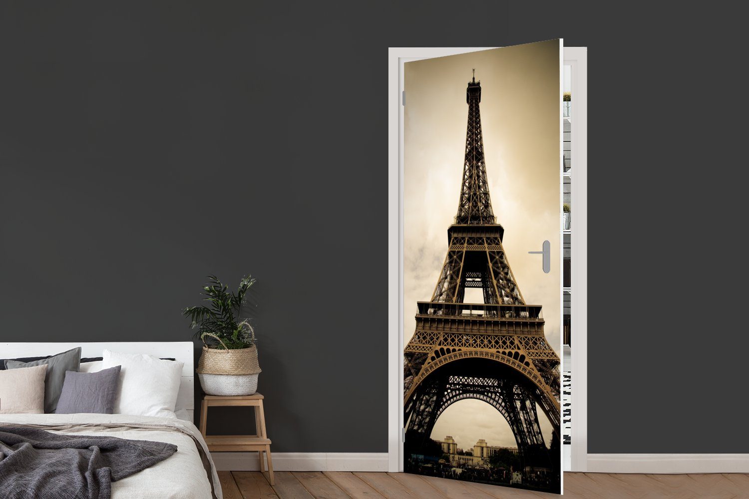 MuchoWow Türtapete Eiffelturm Fototapete bedruckt, Türaufkleber, cm in für (1 75x205 Paris Tür, Matt, Sepia-Fotodruck, St)