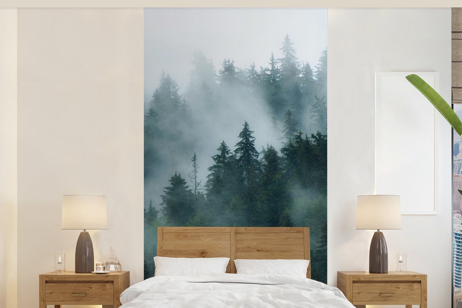 MuchoWow Fototapete Nebel - Bäume - Wald, Matt, bedruckt, (2 St), Vliestapete für Wohnzimmer Schlafzimmer Küche, Fototapete
