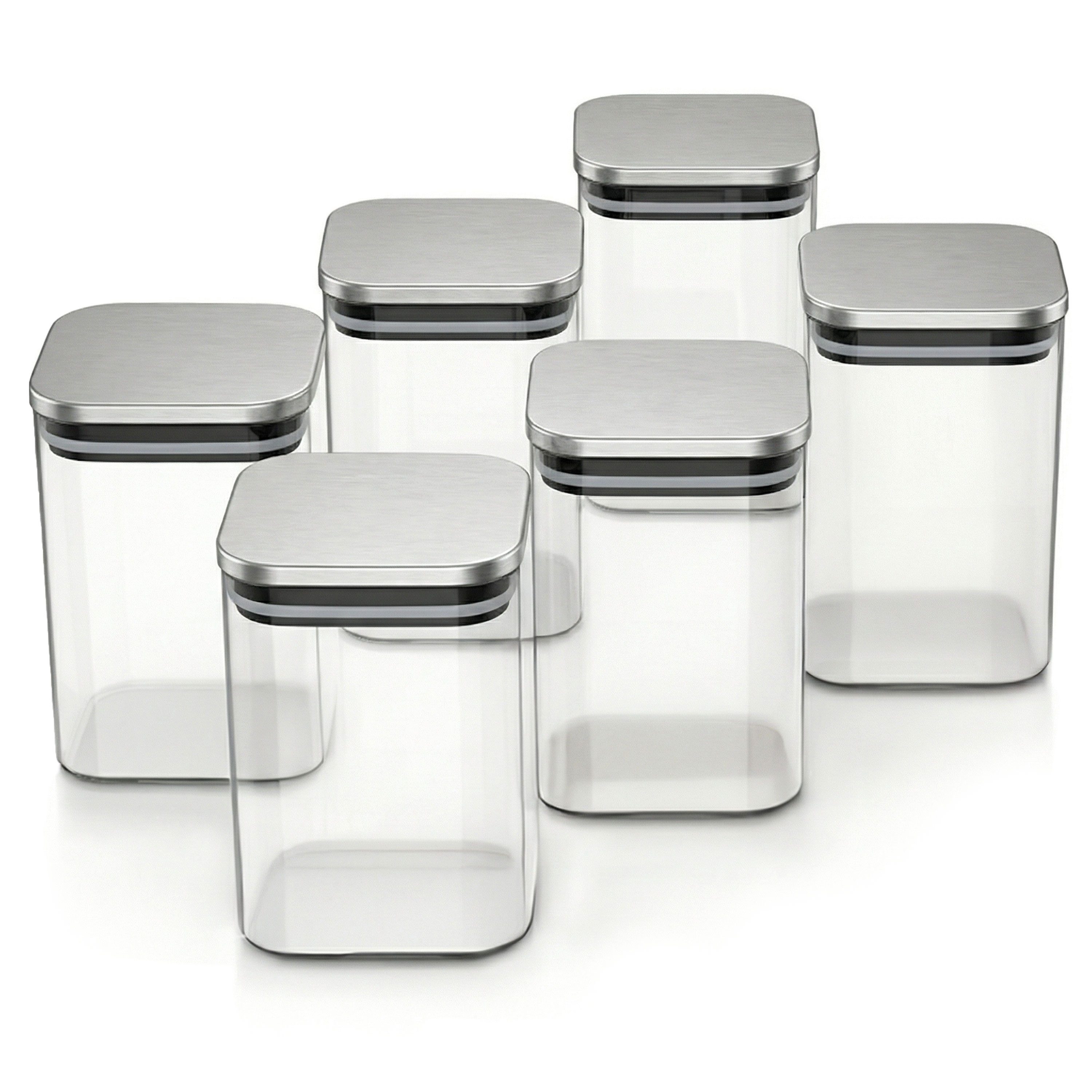 Arendo Aufbewahrungsbecher Glasbehälter-Set 6x 1,65 L Borosilikatglas mit Edelstahldeckel, Borosilikatglas, Edelstahl, Silikon, (Vorratsbehälter-Set, 6-tlg., 6er Set), Hitzebeständig, umweltfreundlich, langlebig, mikrowellengeeignet