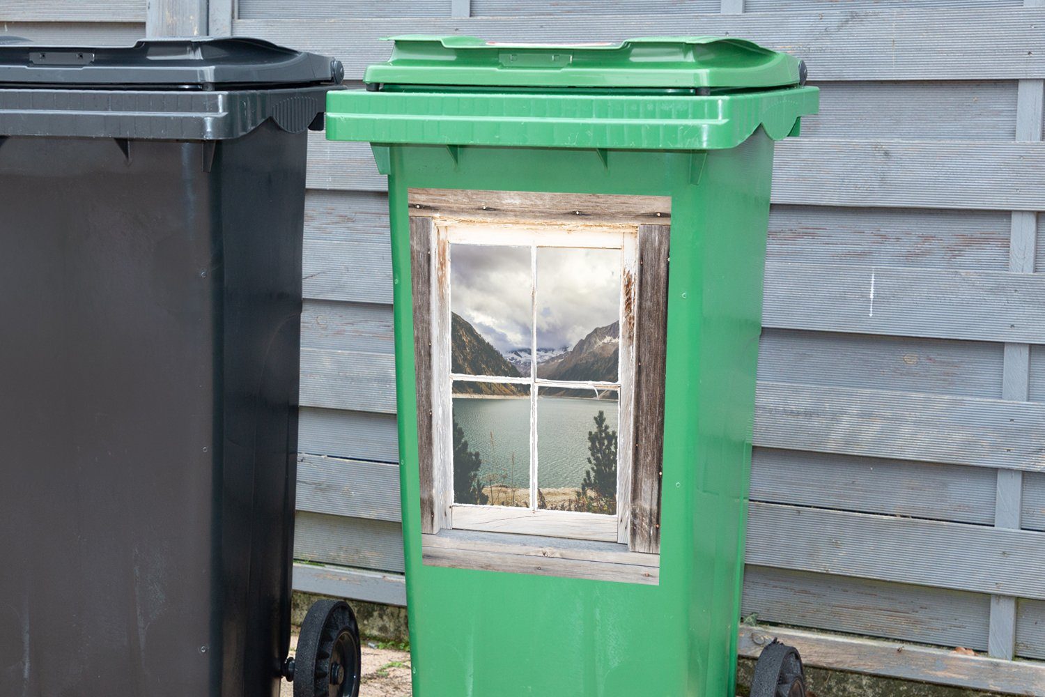 Holz MuchoWow Abfalbehälter Container, Durchschaubar - Mülleimer-aufkleber, (1 Sticker, Wandsticker St), Mülltonne, Berge -