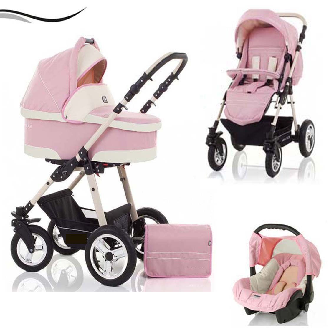 babies-on-wheels Kombi-Kinderwagen City Star 3 in 1 inkl. Autositz - 16 Teile - von Geburt bis 4 Jahre in 16 Farben Rosa-Creme