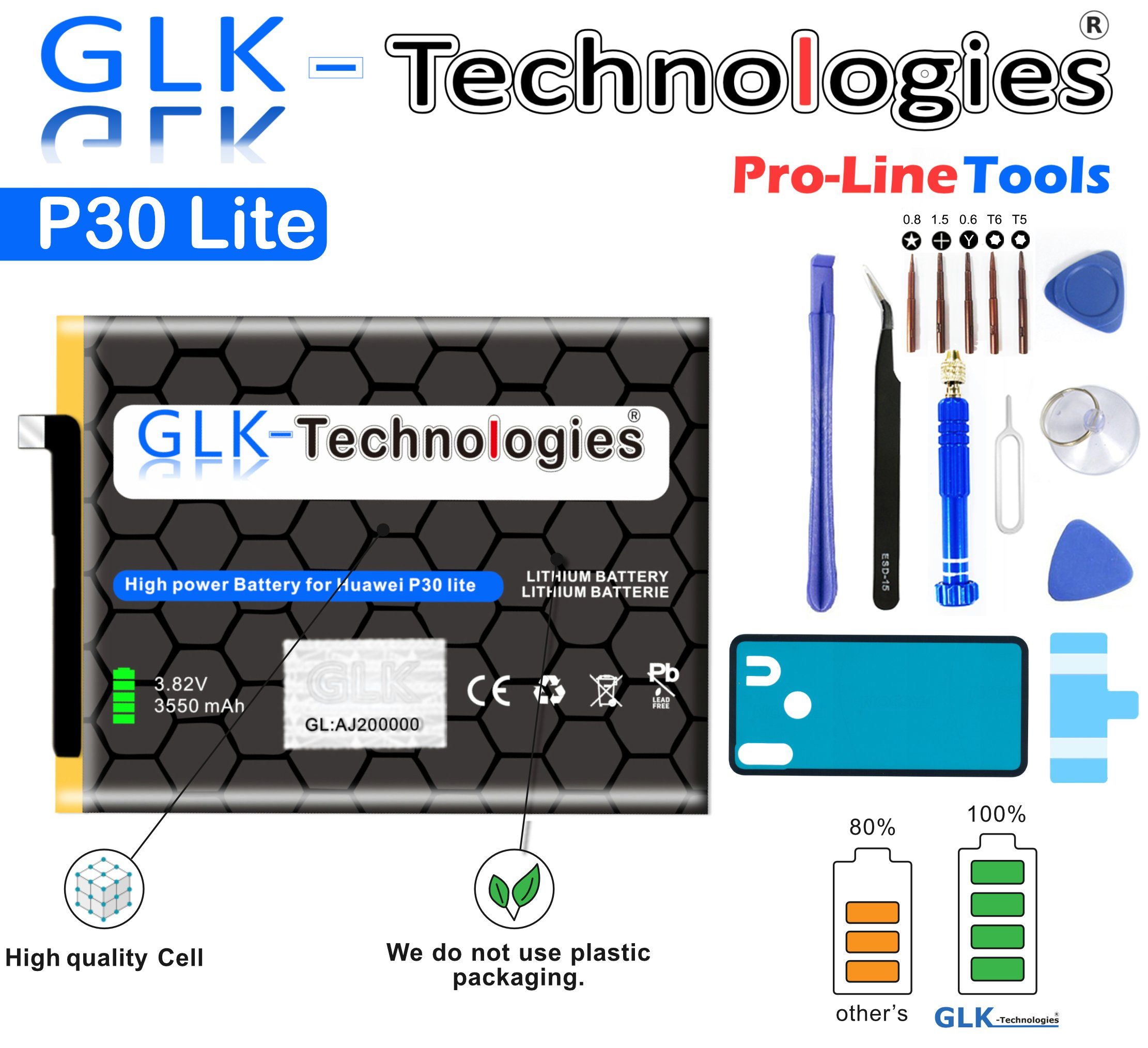 GLK-Technologies igh 3550mAh accu, Handy-Akku Werkzeug mit mAh lite, 3550 NUE Kit inkl. P30 Battery, Ersatzakku Power kompatibel V) (3.8 Huawei GLK-Technologies Set Profi Akku