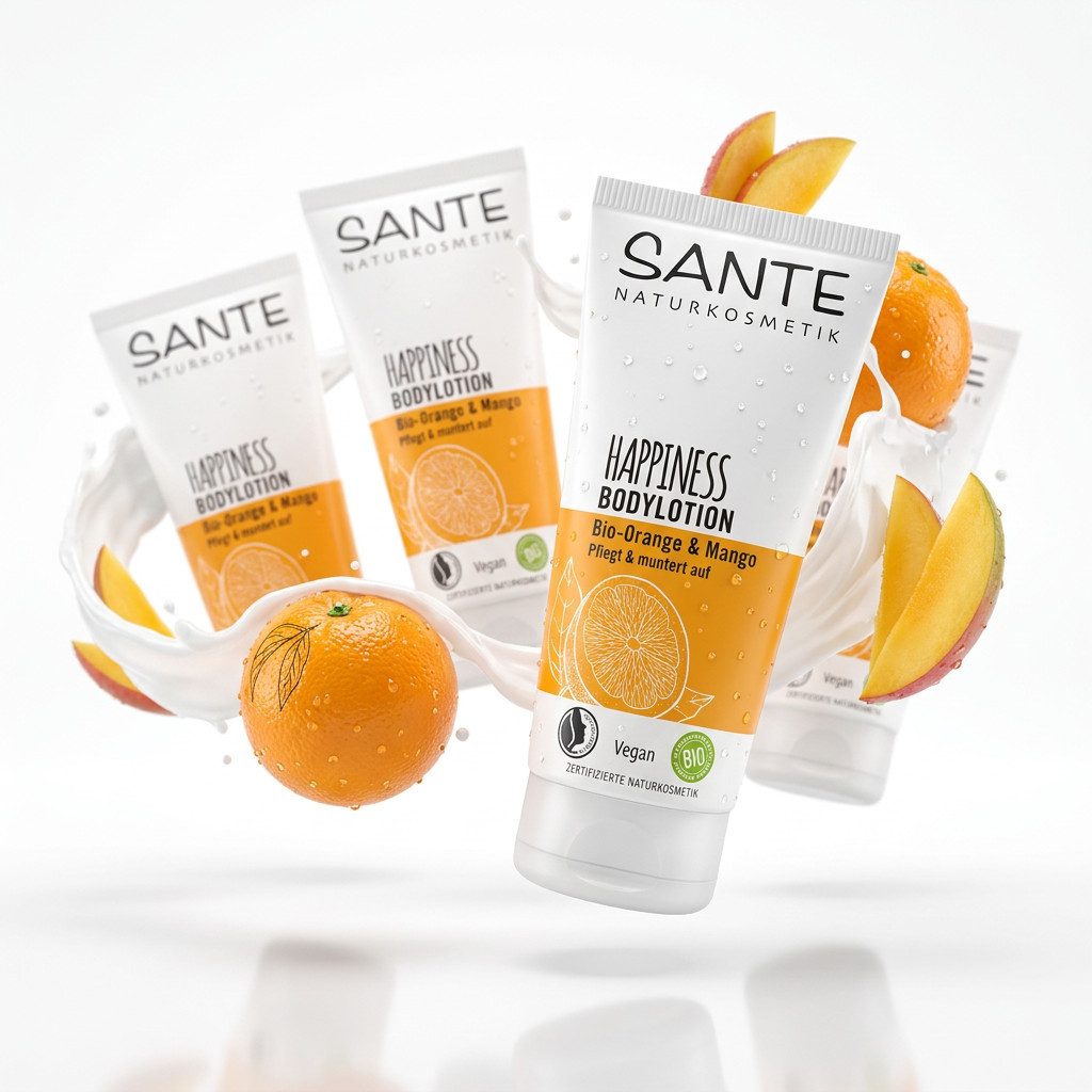 SANTE Bodylotion Happiness Bodylotion Bio-Orange & Mango Packung, 4-tlg., Bodylotion, für die tägliche Körperpflege, vegan