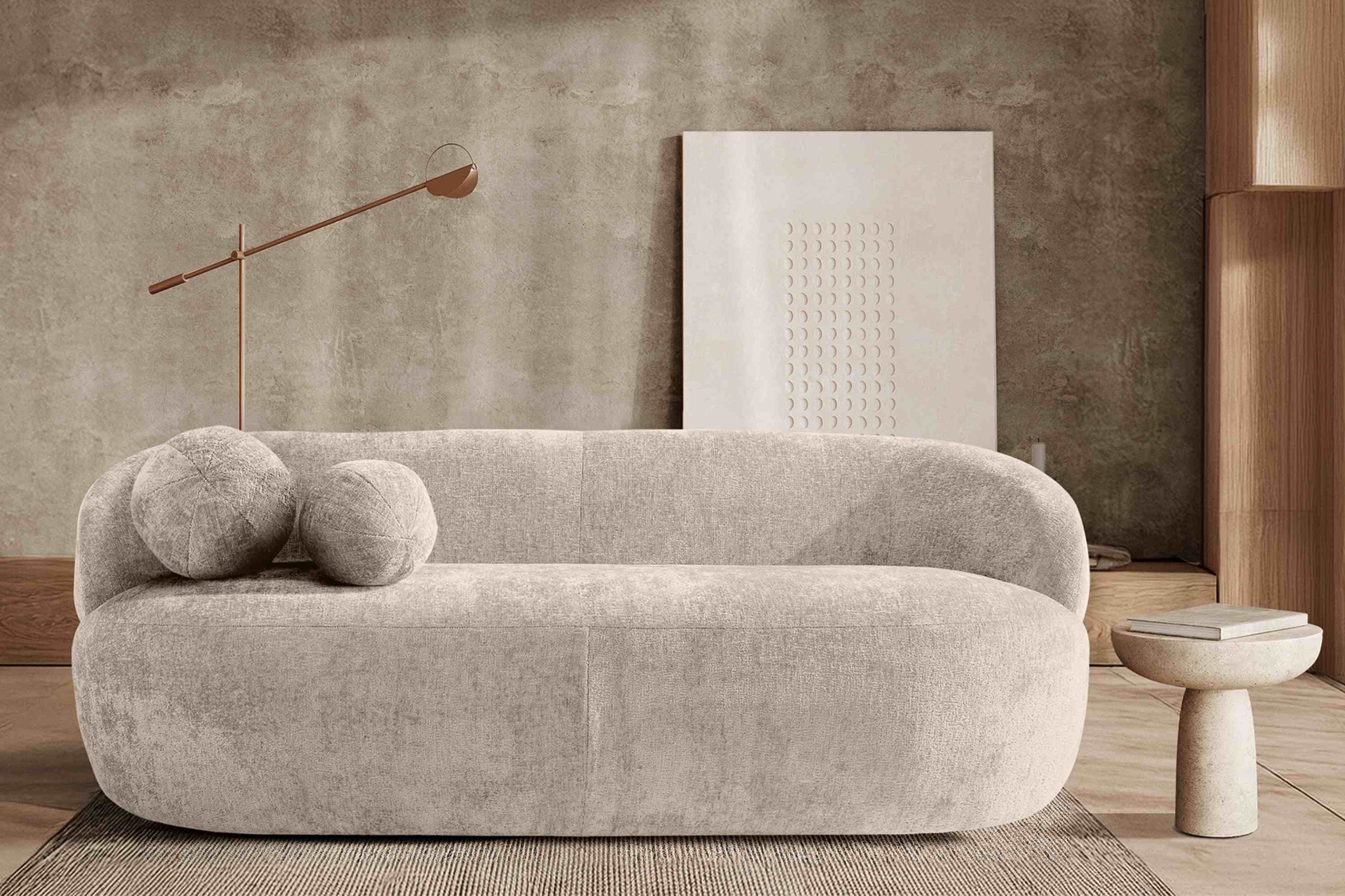 KONSIMO® 3-Sitzer NELUM Sofa, Modern, organische Form, mit dekorativem Rundkissen, Chenille-Stoff, hergestellt in der EU