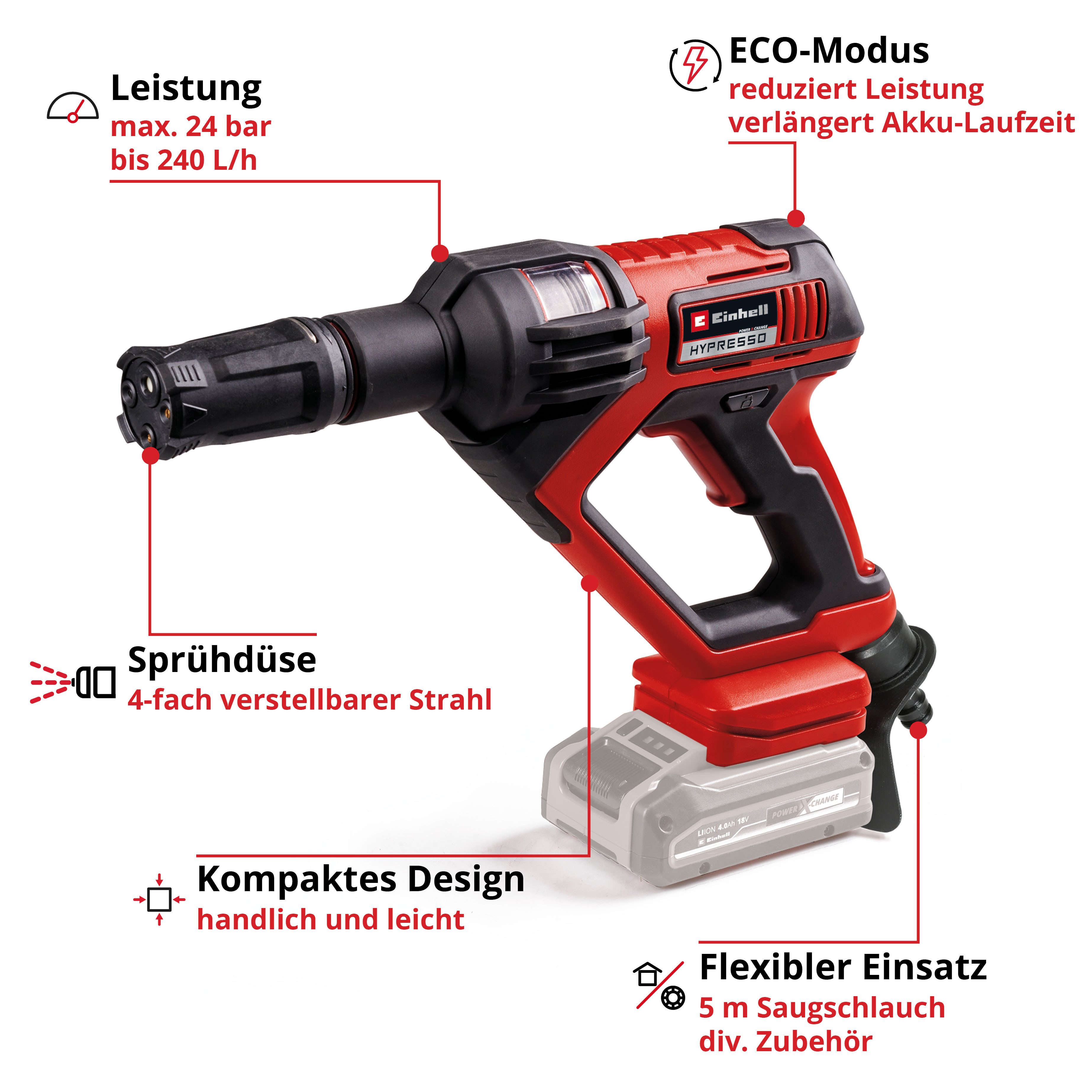 Einhell Akku-Druckreiniger HYPRESSO 18/24-1, Druck max: 24 bar, Fördermenge max: 240 l/h, Druckreinigerpistole ohne Akku und Ladegerät – Bild 3 von 5
