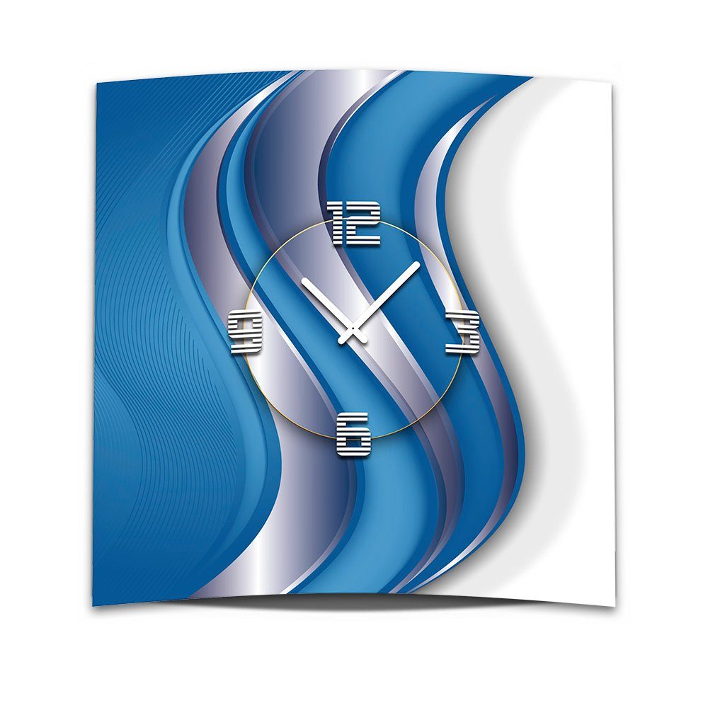 dixtime Wanduhr Wanduhr XXL 3D Optik Dixtime blau silber Wellen 50x50 cm leises Uhrwer (Einzigartige 3D-Optik aus 4mm Alu-Dibond)