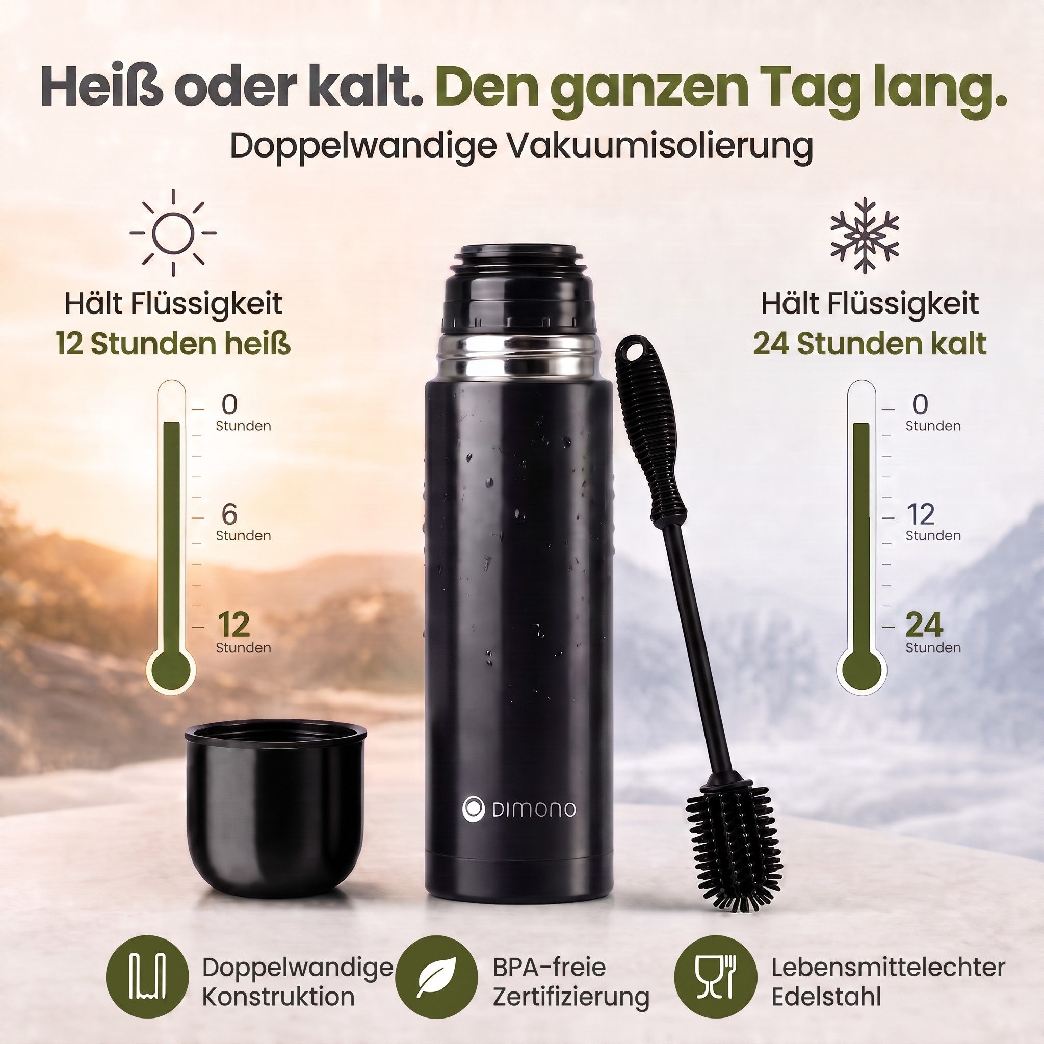 Goods+Gadgets Thermoflasche Edelstahl-Isolierflasche 500/1000ml – Thermosflasche mit Druckknopf, doppelwandiger Thermobecher Isolierkanne