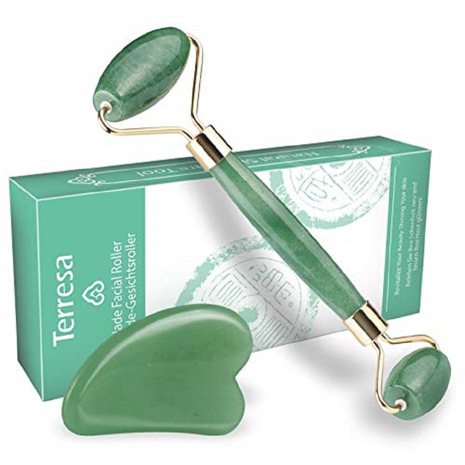 Roller Gesichtsmassagegerät Gesichtsmassage Jade Aging Massagegerät Anti Roller Gua Sha, Grün Face Daskoo Falten Set Jade Anti