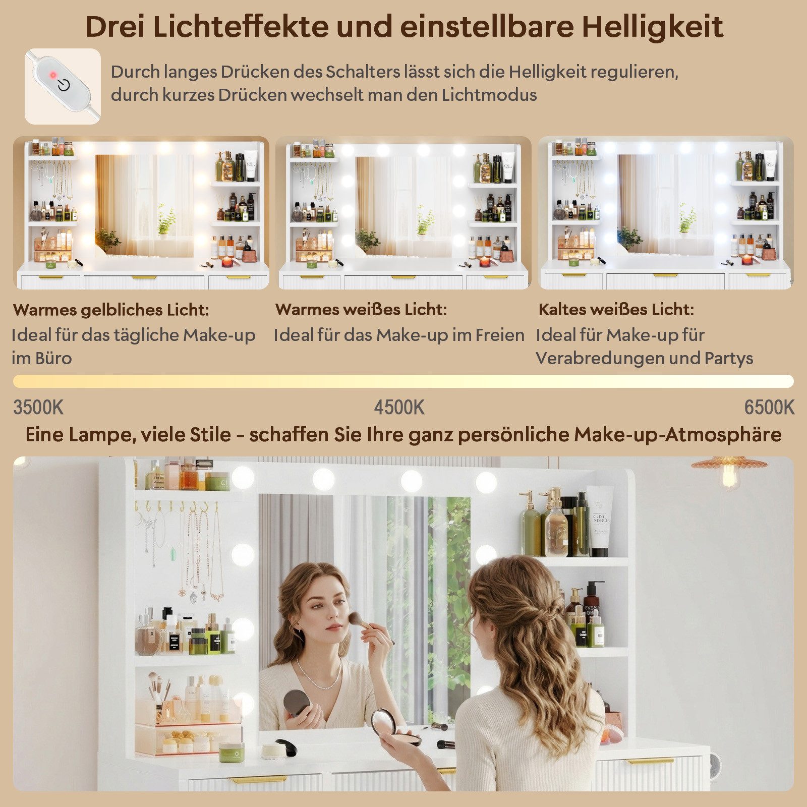 HOMALL Schminktisch Mit dreifarbiger LED-Beleuchtung, mit Spiegel, optional mit Hockern (Maße: 110 x 40 x 137 cm, mit 10 kugelförmigen Lampen, deren Helligkeit  – Bild 5 von 5
