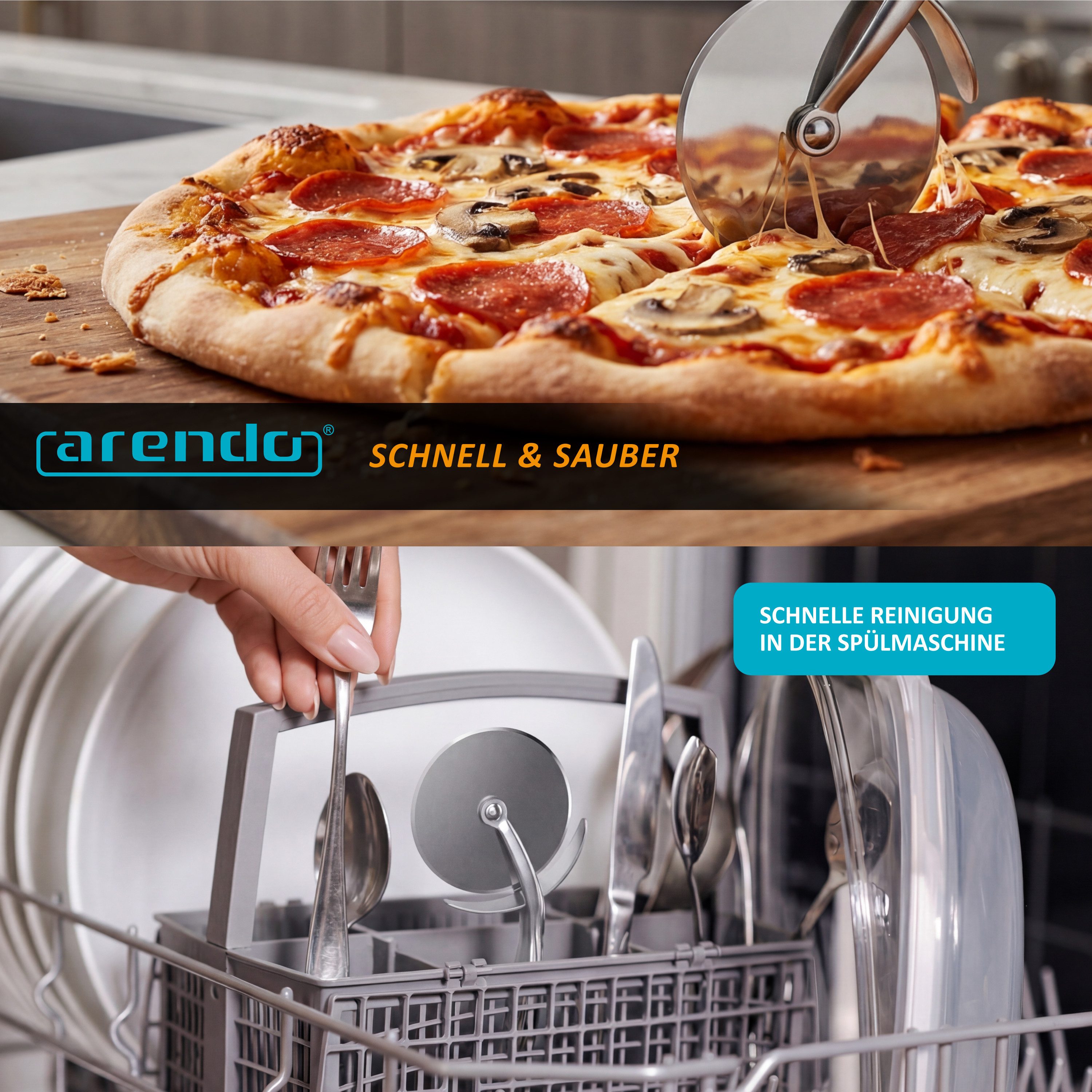 Arendo Pizzaschneider Profi Edelstahl Pizzaroller, scharfe 7cm Klinge, robust & stabil, Rostfrei, spülmaschinengeeignet, ergonomischer Griff, Pizza Cutter – Bild 5 von 5