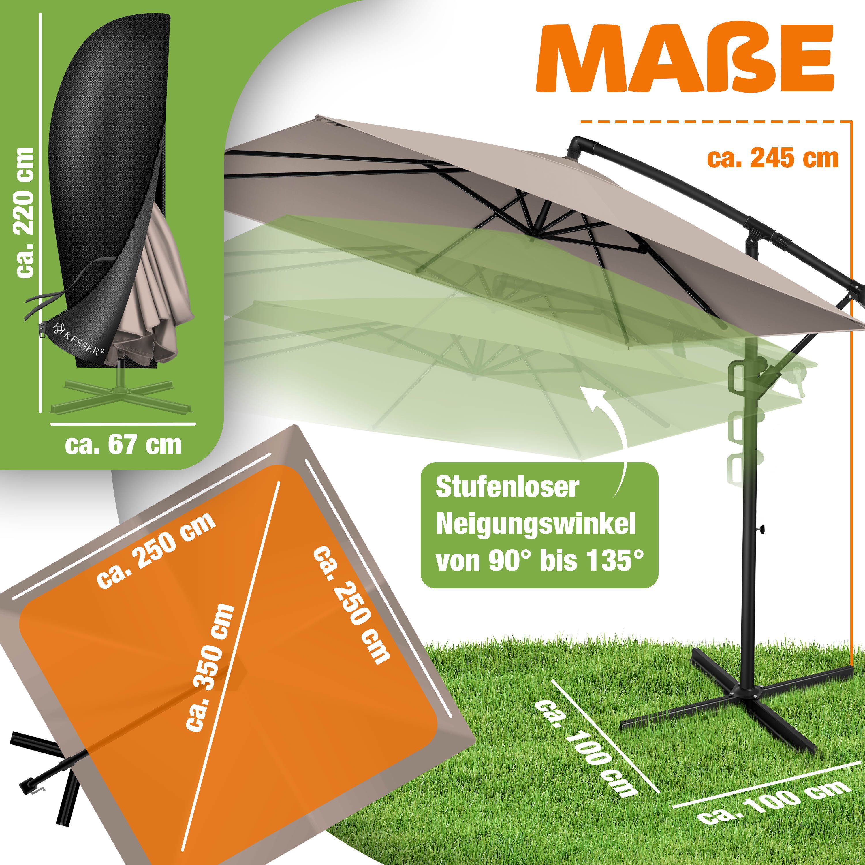 KESSER Ampelschirm, Ø350cm Sonnenschirm inkl. Abdeckung & Wind- & wetterfest