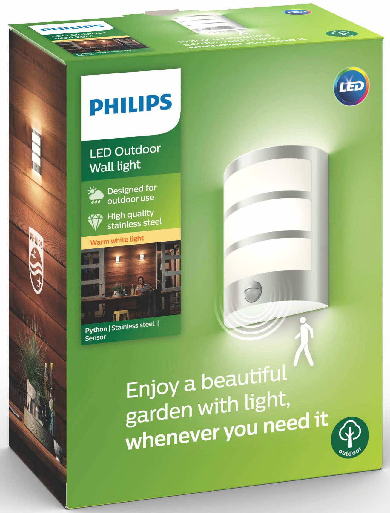 Philips LED Außen-Wandleuchte myGarden Python, 600lm, Edelstahl, Abschaltautomatik, Bewegungsmelder, Leuchtdauer einstellbar, Memoryfunktion, LED fest integriert, Warmweiß