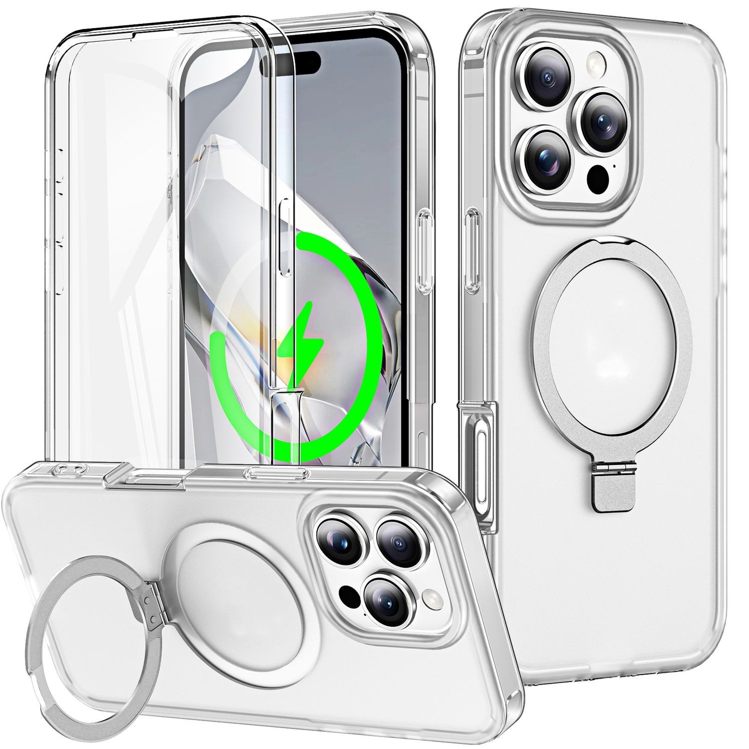Wigento Handyhülle Für Apple iPhone 16 Pro Max Skin Feel MagSafe Ring Hülle Transparent, 360 Grad MagSafe Frosted Skin Feel Hülle
