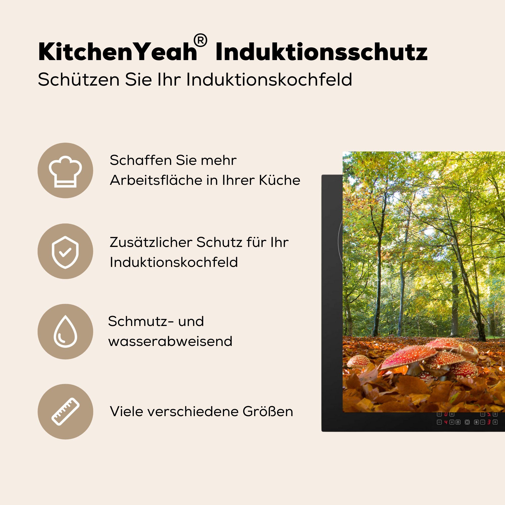 cm, einem Vinyl, Rote tlg), küche, Herdblende-/Abdeckplatte bewaldeten für Ceranfeldabdeckung Pilze 81x52 in Gebiet, Schutz Induktionskochfeld (1 MuchoWow die