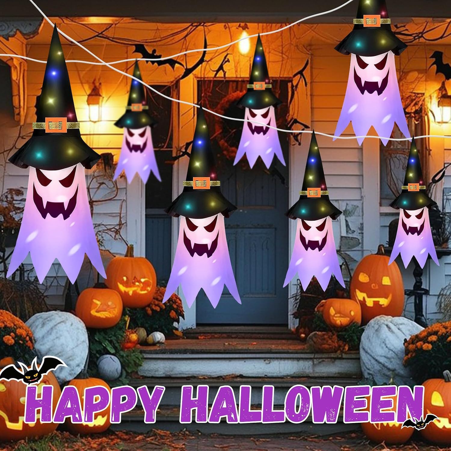 FELIXLEO LED-Dekofigur Halloween Deko Outdoor, 5 Hänge-Geisterhüte mit LED-Lichterkette (1 St) – Bild 4 von 5