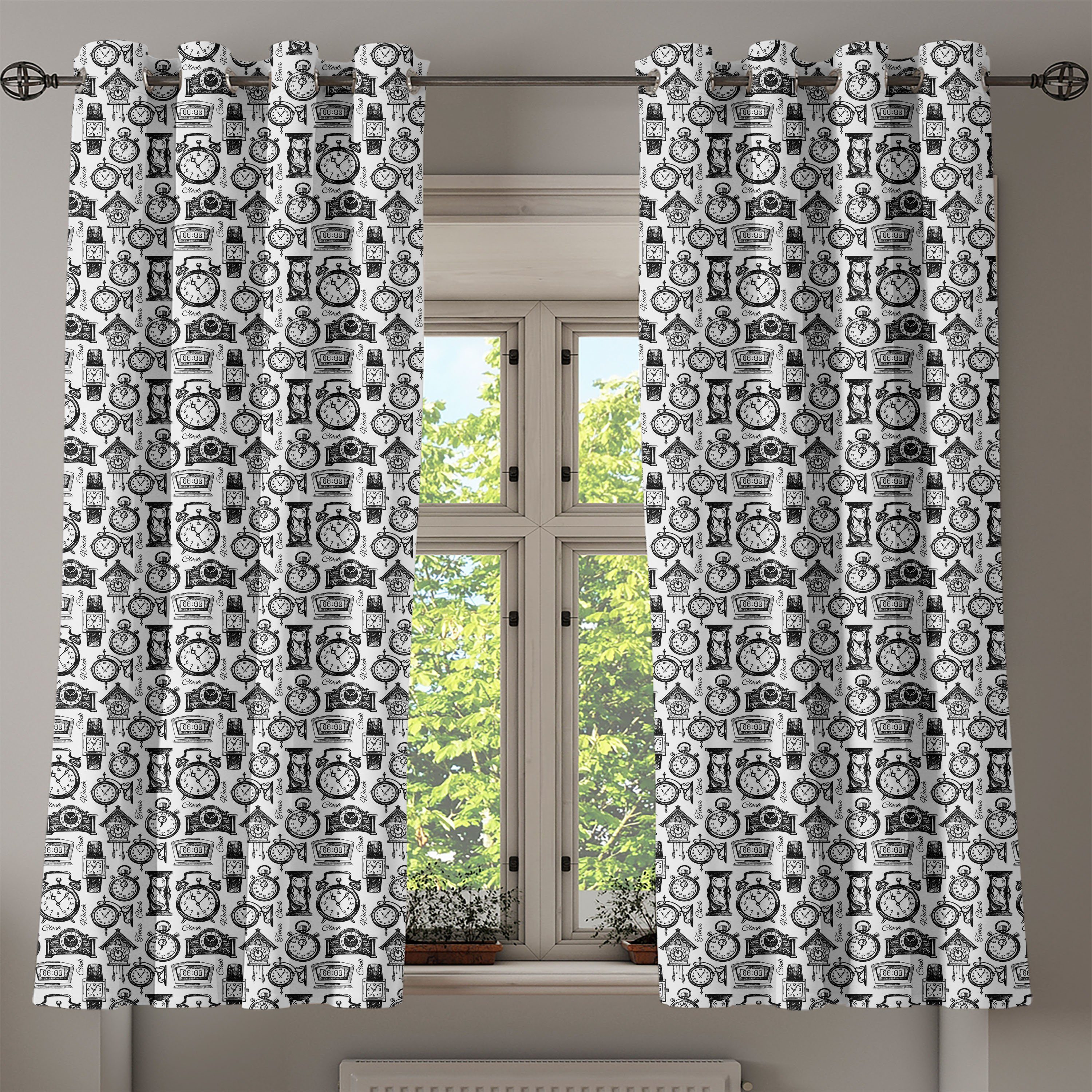 Abakuhaus, 2-Panel-Fenstervorhänge Dekorative Schlafzimmer Wohnzimmer, für Gardine Jahrgang Clocks Hand Drawn
