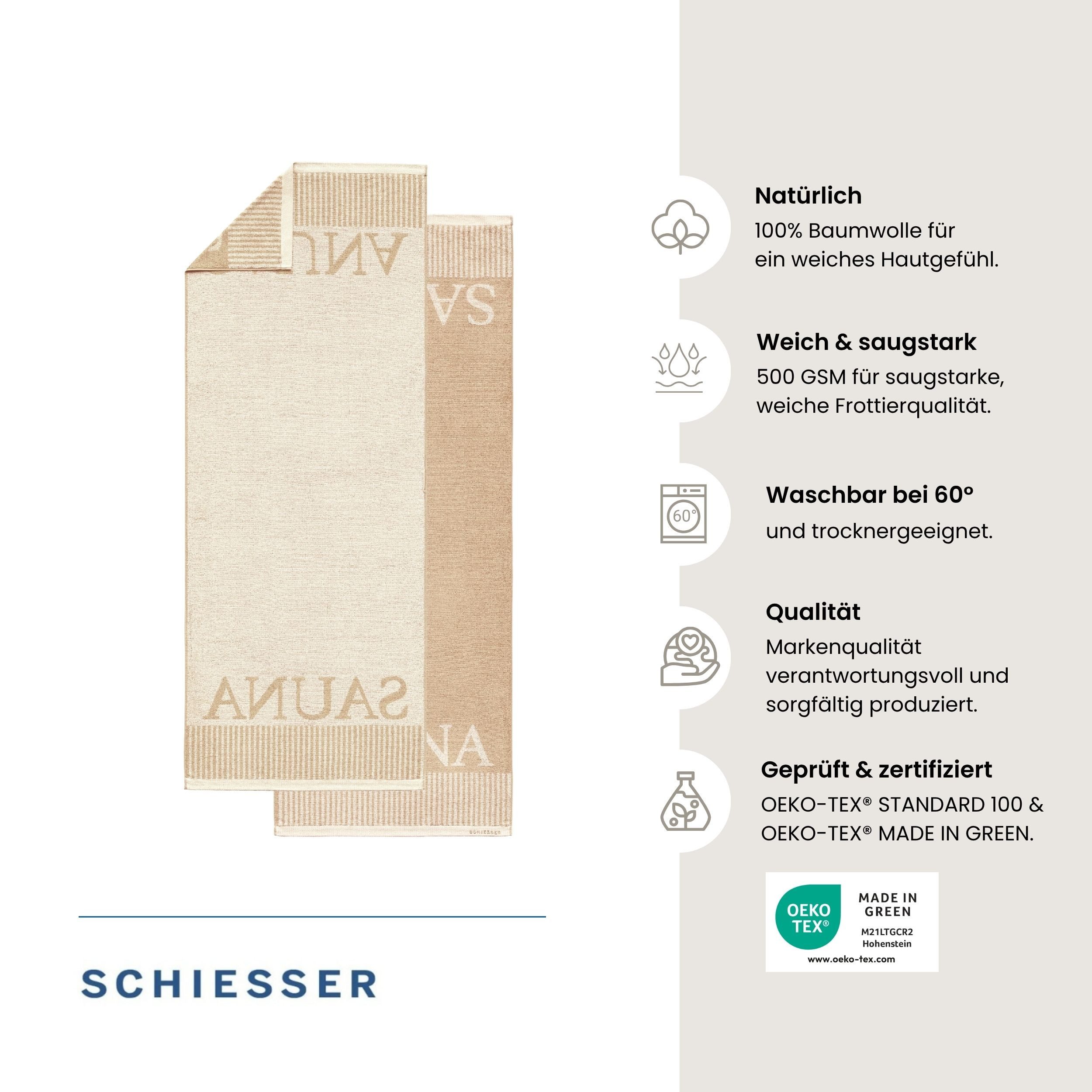 Schiesser Saunatuch Rom aus garngefärbtem, kuschelweichem Baumwollfrottier, Frottier (1-St), OEKO-TEX® MADE IN GREEN – Bild 2 von 5