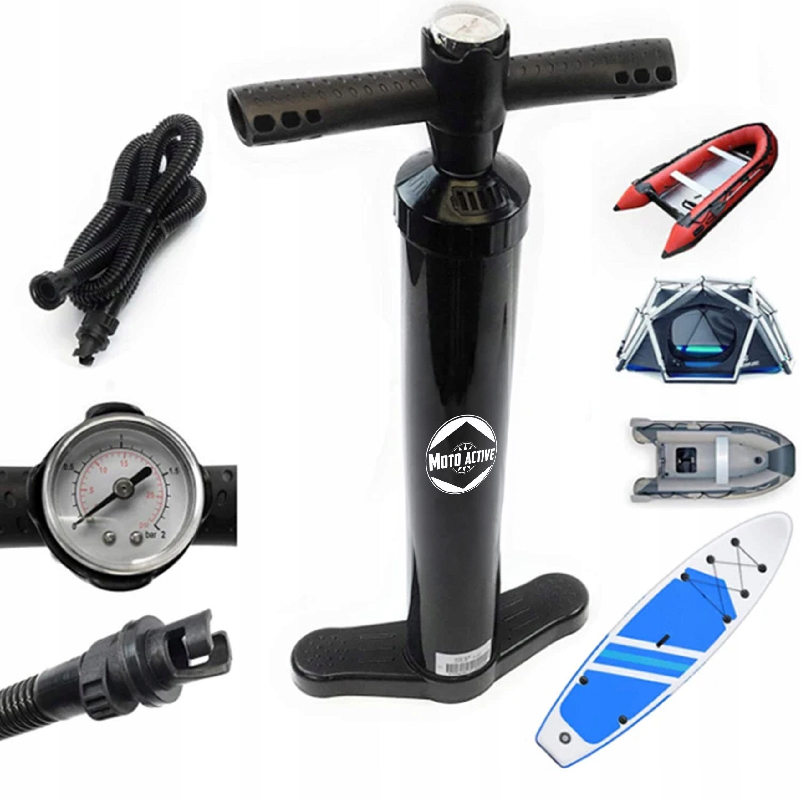 Moto Active SUP-Pumpe SUP Handpumpe Doppelhub Manometer Luftpumpe Boot Kajak Matratze (Handpumpe Doppelhub für SUP Boot Kajak, 1-tlg., 2-Wege), Manometer bis 25 PSI