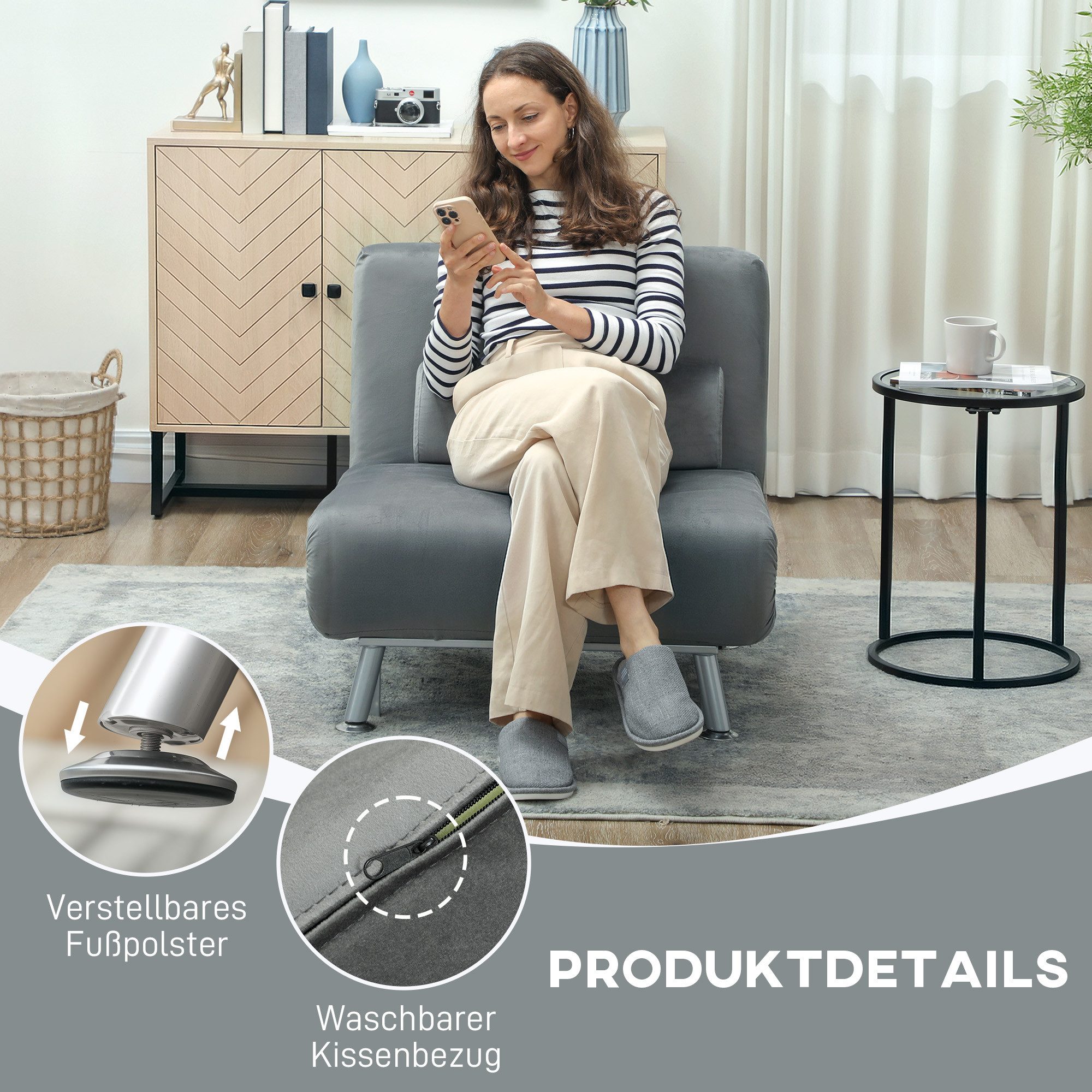 HOMCOM Sessel mit Bettfunktion, Rückenkissen (klappbarer Relaxsessel, 1-St., Klappsessel), bis 150 kg belastbar, für Wohnzimmer, Grau