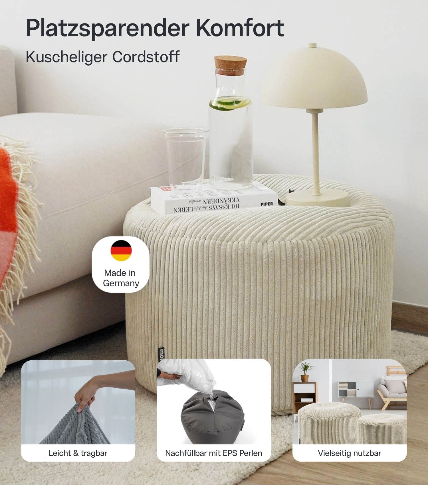mokebo Pouf Mochi (rund und aus Cordstoff), Made in Germany, Sitzhocker, Bodenkissen, Fußhocker in Beige – Bild 3 von 5