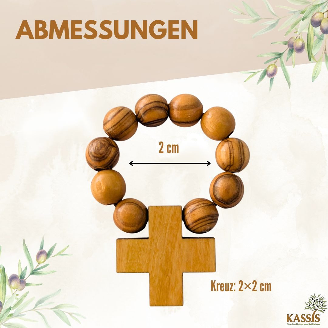 Kassis Geschenkartikel Fingerring Olivenholz Fingerrosenkranz mit Kreuz aus Bethlehem Talisman, Handgefertigt in Bethlehem, Geschenk zu Kommunion Taufe Firmung