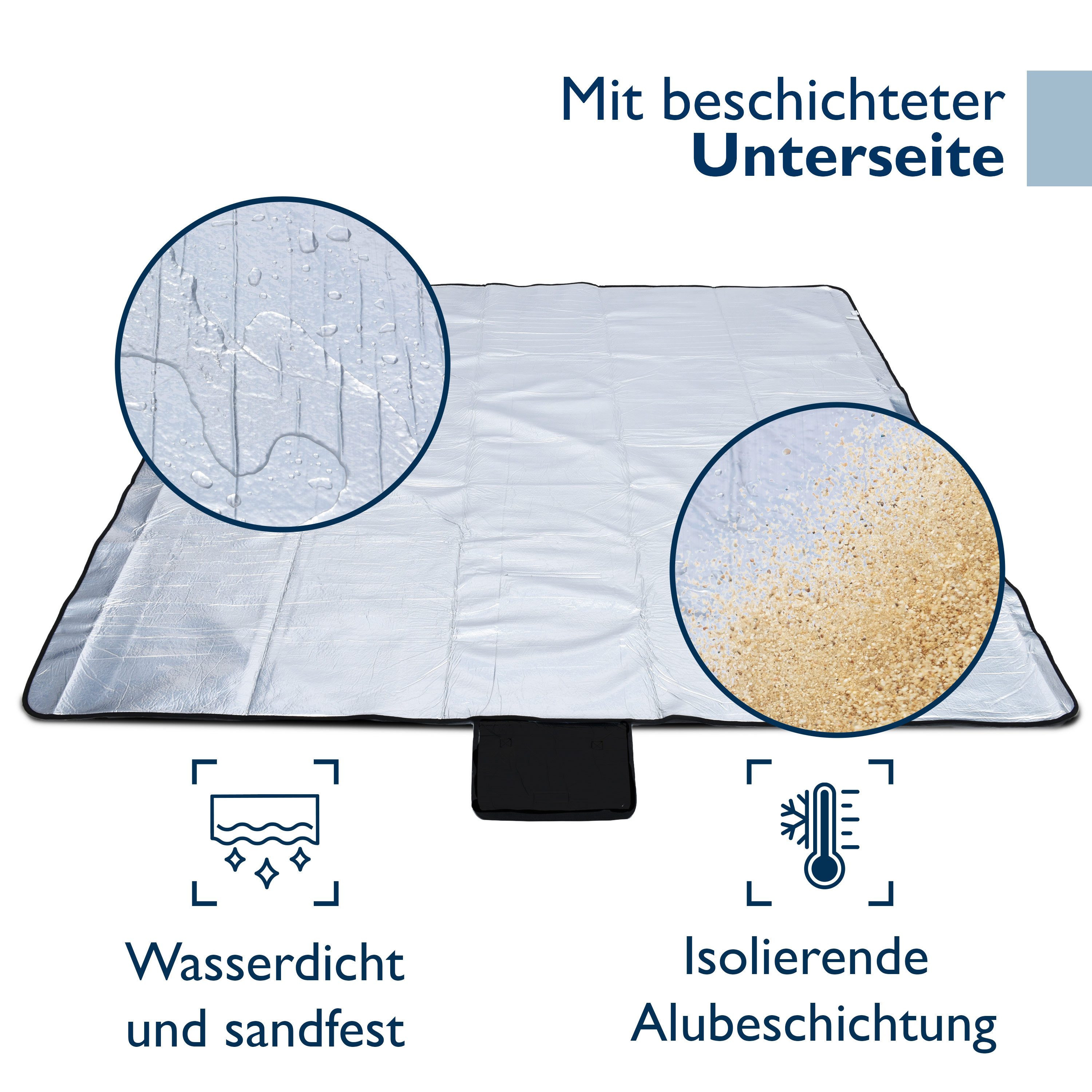 Picknickdecke XXL Picknickdecke Wasserdicht Isoliert Bella, 200x200cm, Grau, Beautissu, Strandmatte Outdoor Decke für Camping Wandern Reisen Schwimmbad
