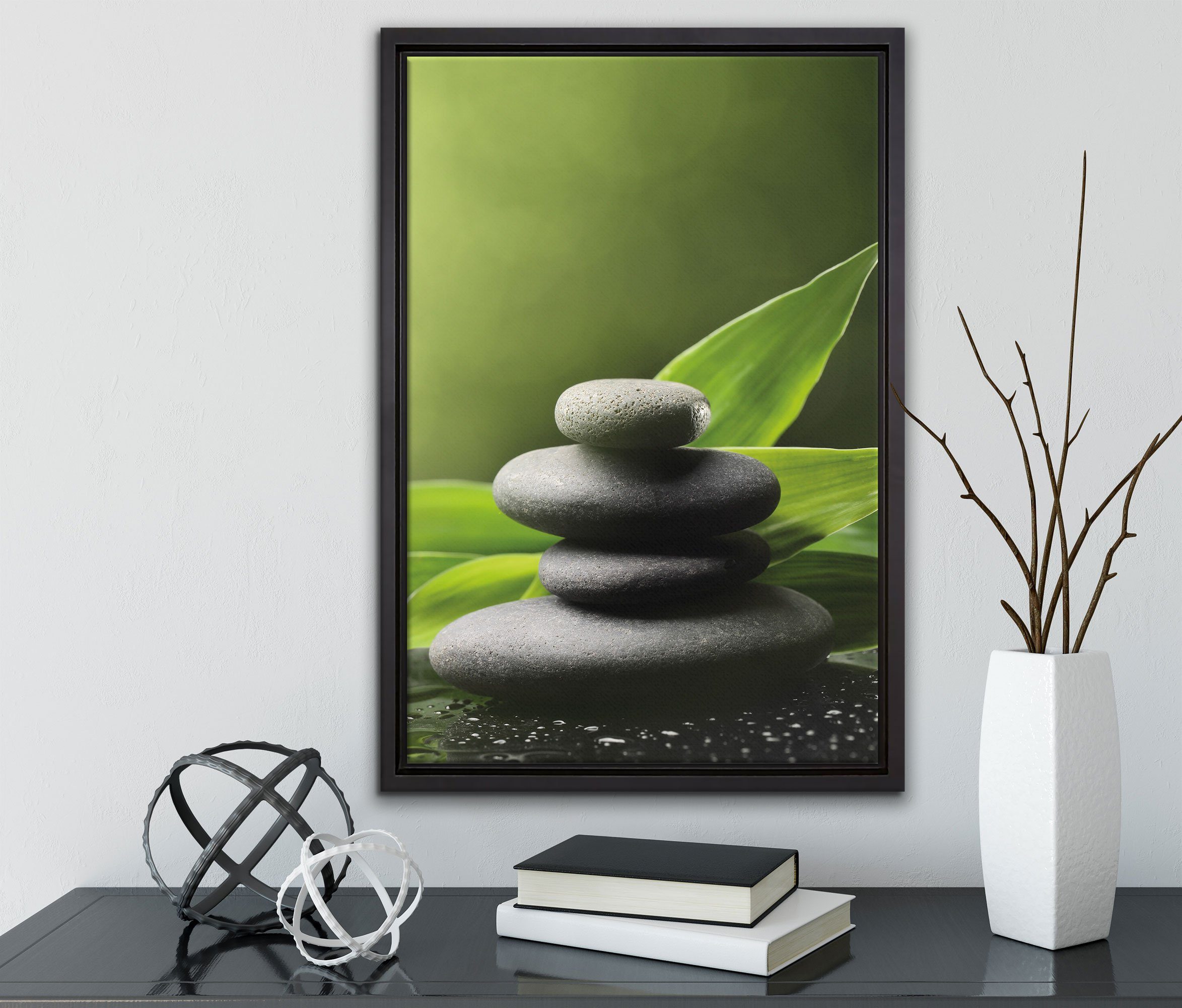 Steine Zen in Pixxprint mit Leinwandbild (1 St), Schattenfugen-Bilderrahmen gefasst, Leinwandbild Zackenaufhänger inkl. bespannt, Wanddekoration einem Blättern, fertig