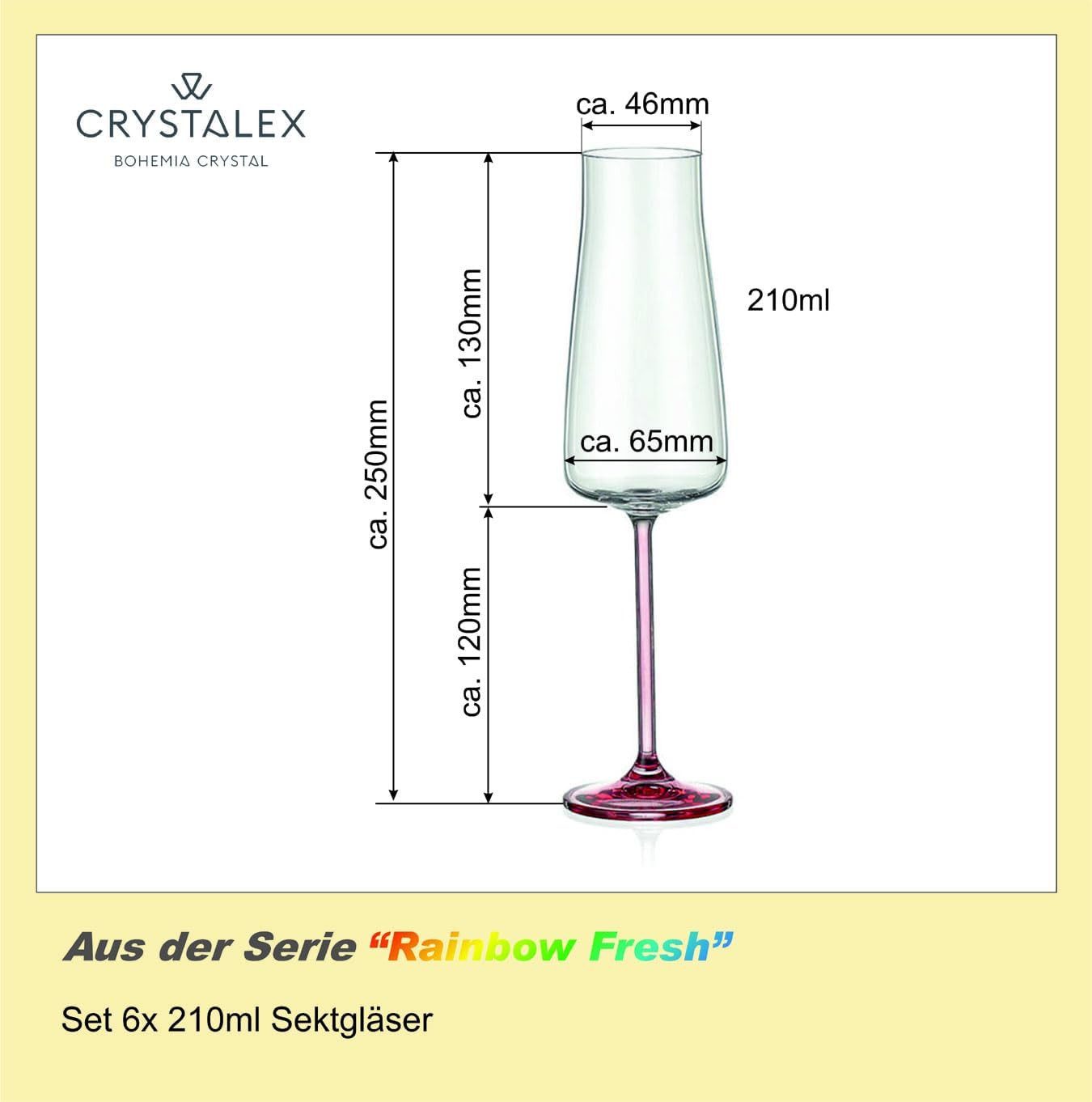 Crystalex Sektglas Rainbow Fresh Sektgläser 210 ml (6er-Set), 6-tlg., Kristallglas, Kristallglas, mehrfarbig