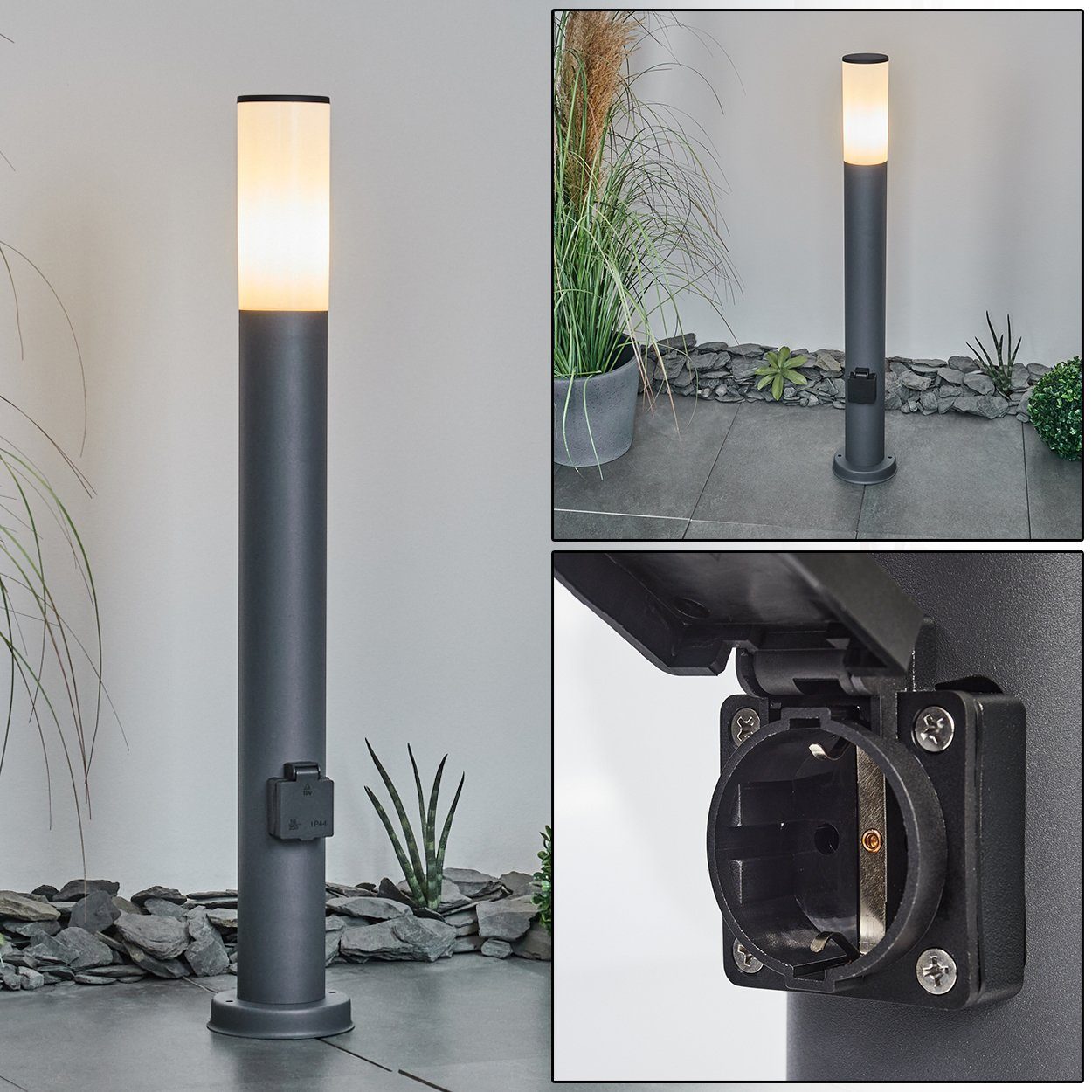 hofstein Pollerleuchte »Zogno« Sockelleuchte aus Metall/Kunststoff in Anthrazit/Weiß, ohne Leuchtmittel, Wegeleuchte 80cm, Gartenlampe, E27, Gartenbeleuchtung IP44 Steckdose