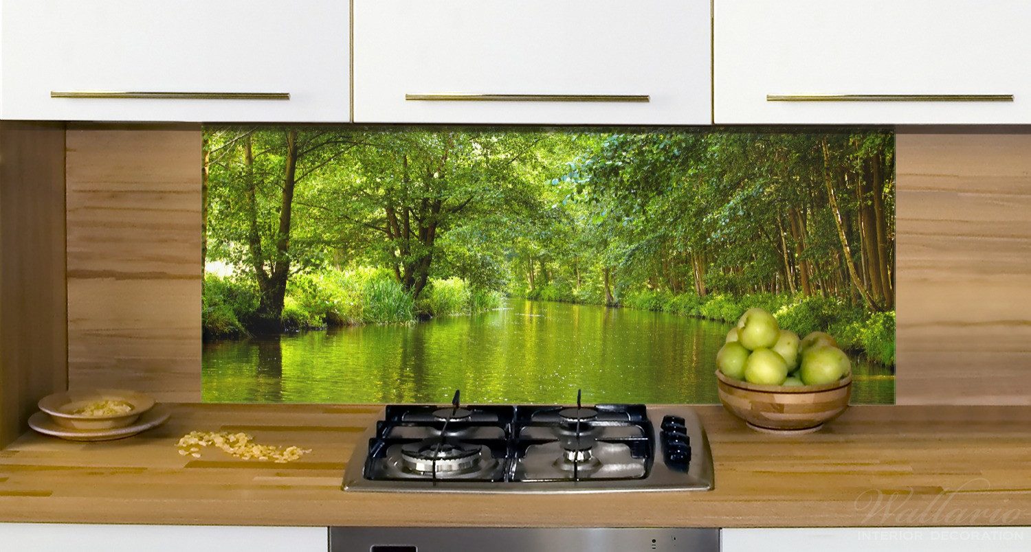 Wallario Küchenrückwand Spreewald in Brandenburg grüne Wälder und Spiegelungen im Wasser, (1-tlg)