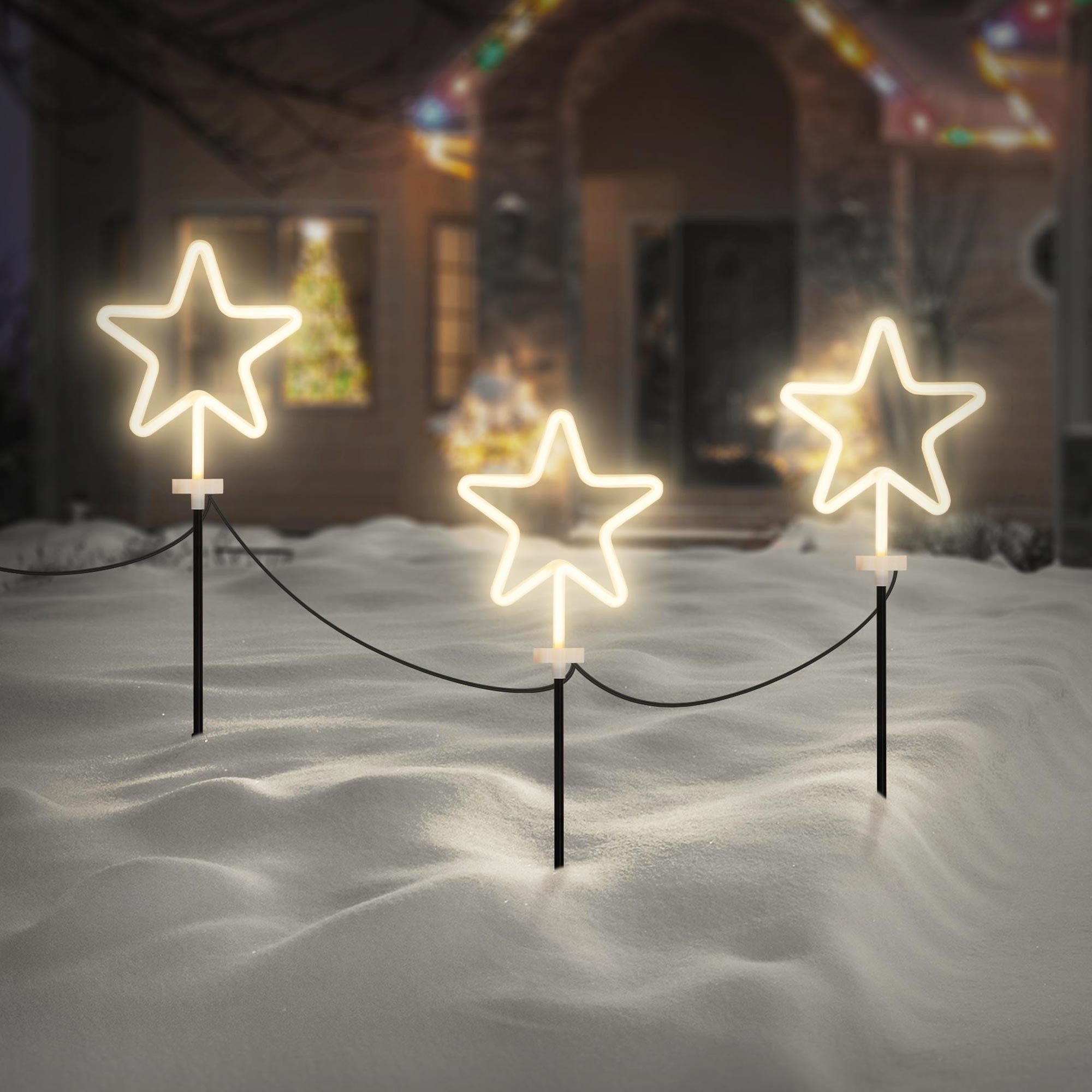 ECD Germany Weihnachtsfigur 3er Set Gartenstecker Stern Deko Beleuchtung für Außen Stableuchten, Weichnachten Gartenleuchte Leuchtsterne mit Erdspieß Weihnachtssterne