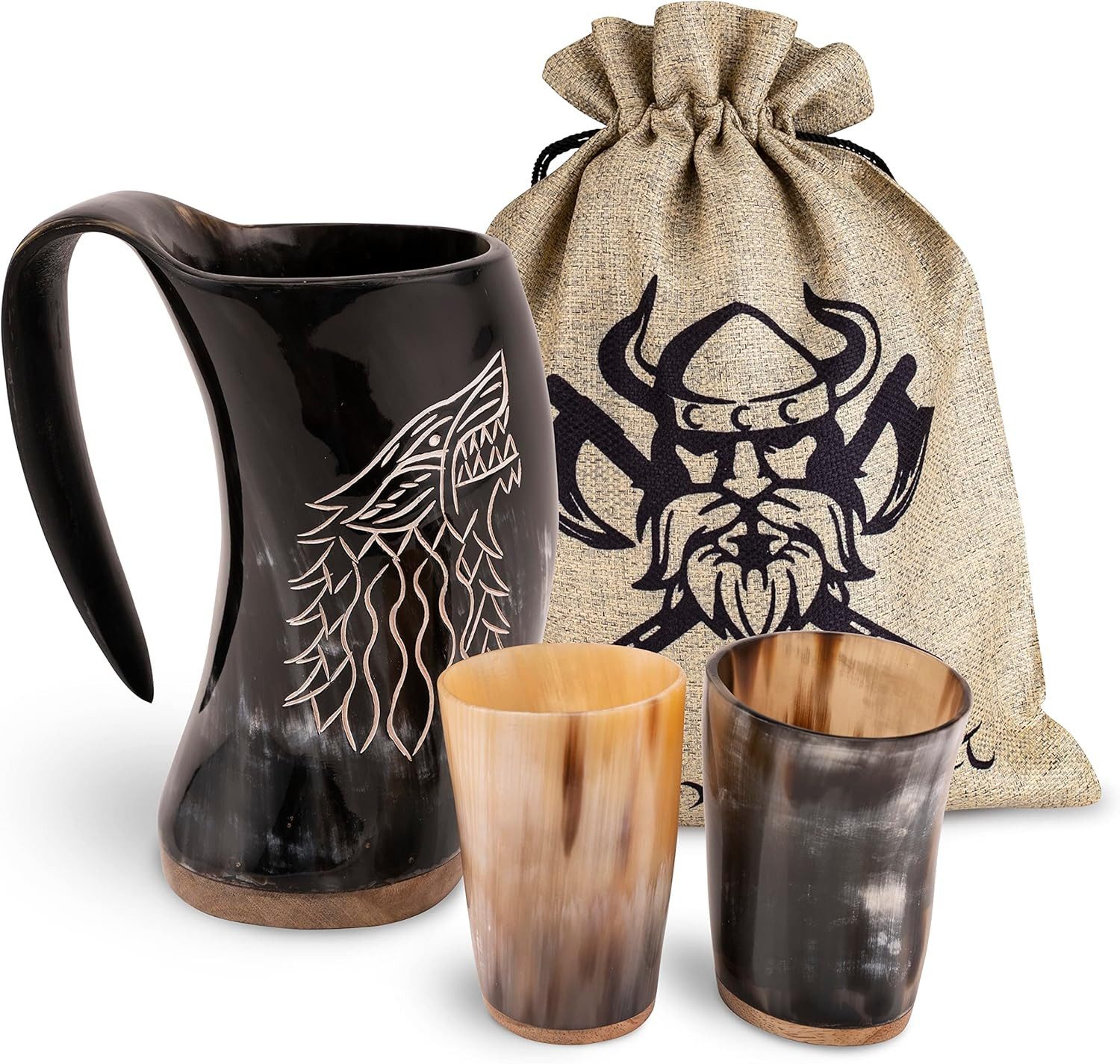 VIKING CRAFT Bierkrug Trinkhorn Wikinger Krug 600ml - Großer Horn Krug und 2 Wikinger Becher, Wikinger Deko, Mittelalter Bierkrug, LARP