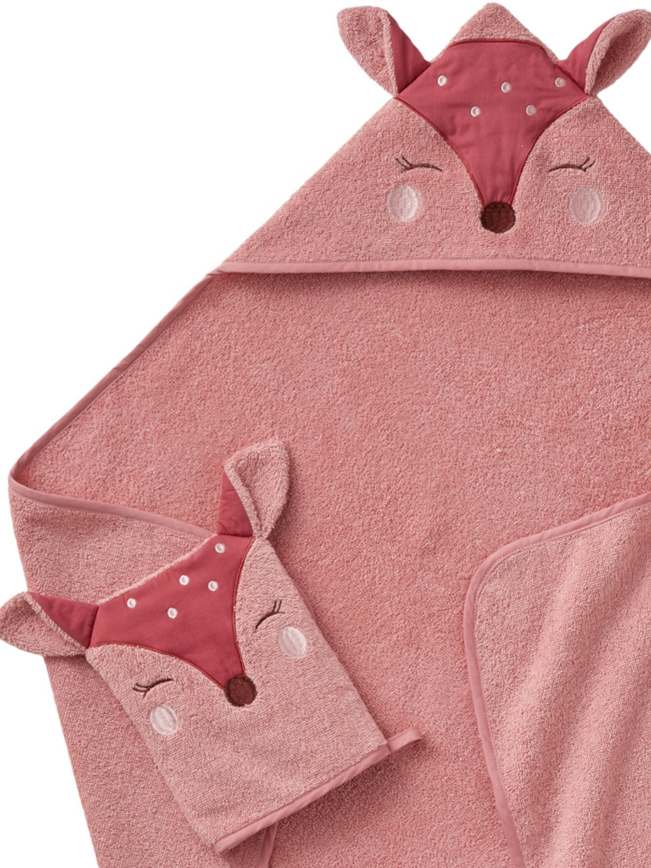 vertbaudet Kapuzenhandtuch Baby-Set: Badetuch und Waschhandschuh REH